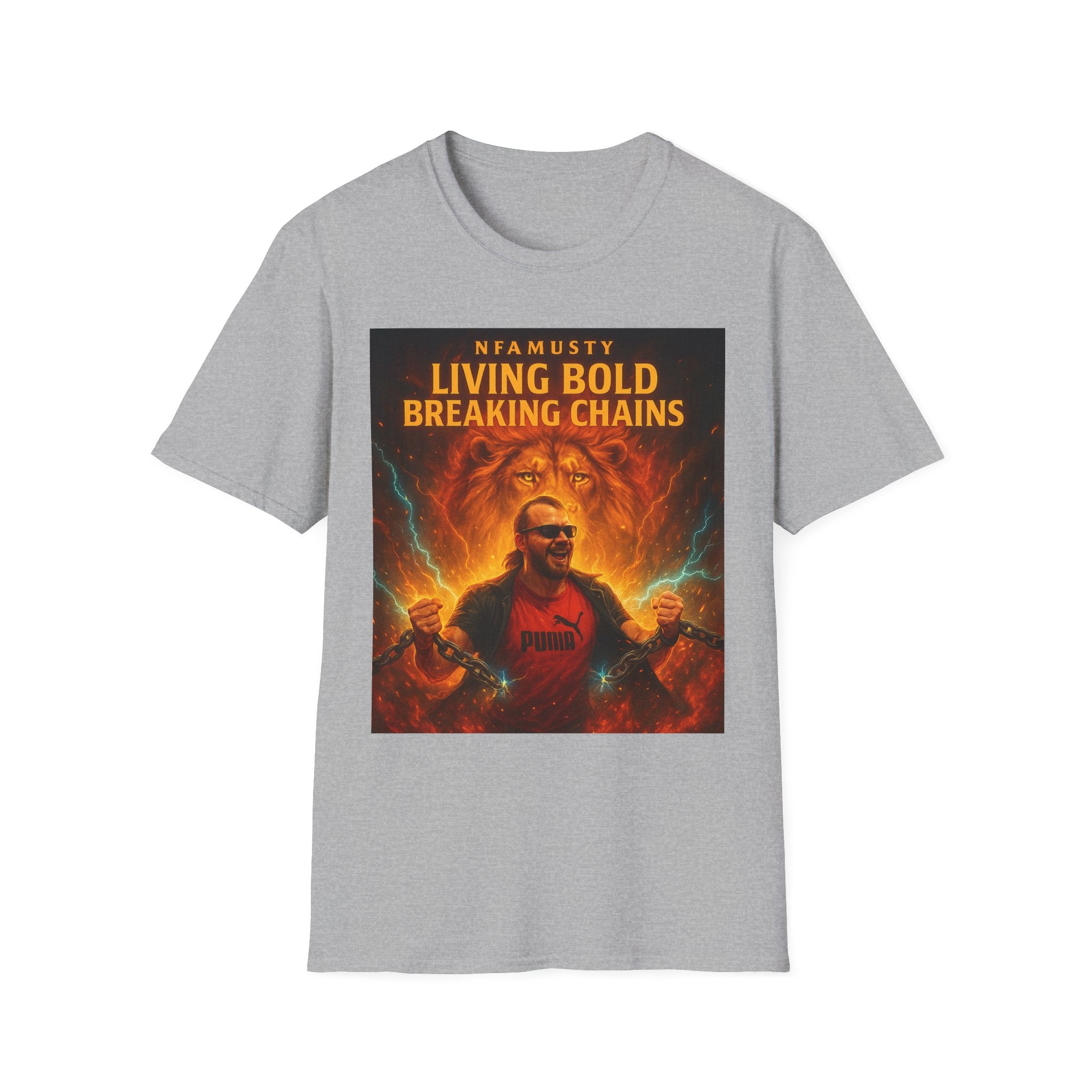 Music Promo T-Shirt — "Living Bold, Breaking Chains" Lion Design