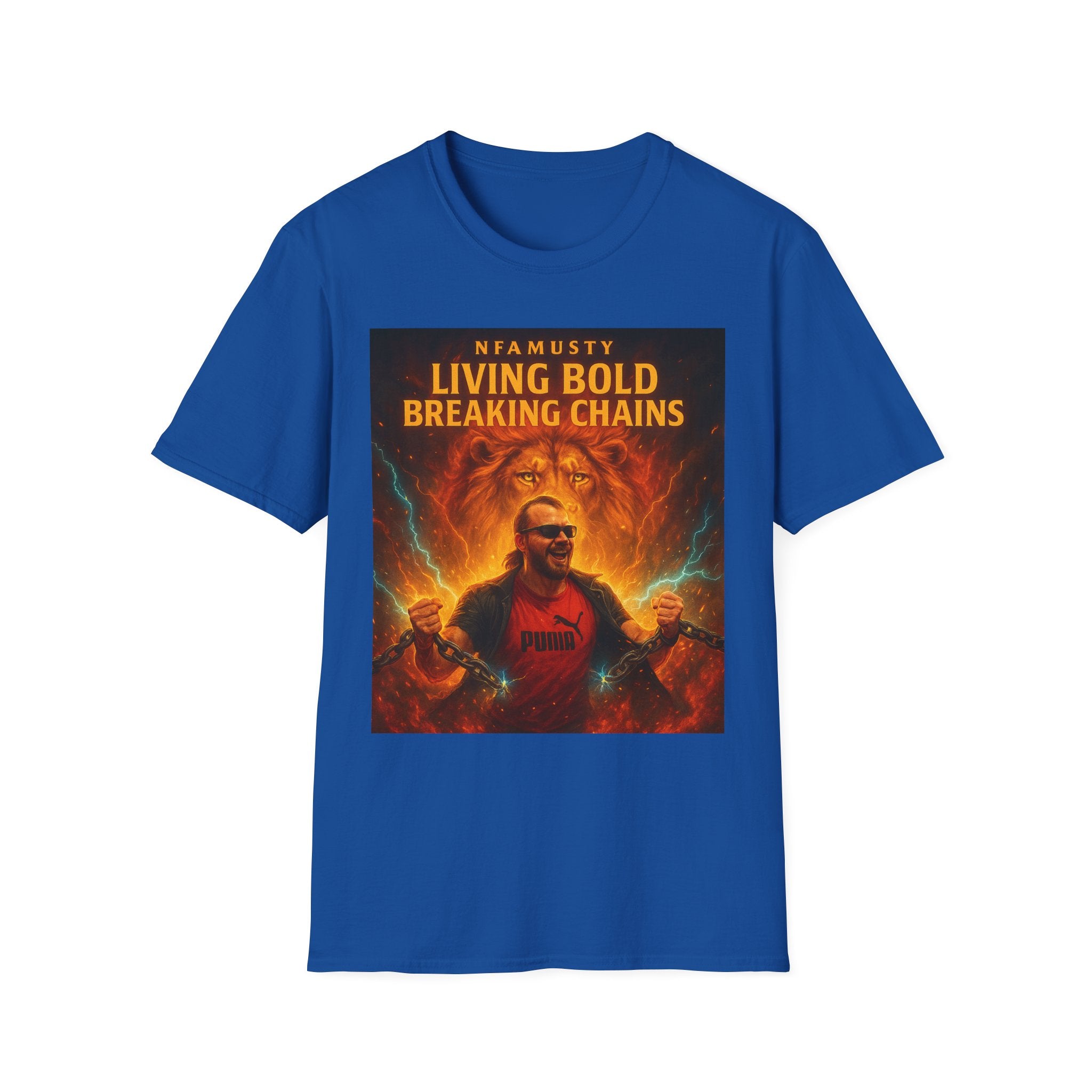 Music Promo T-Shirt — "Living Bold, Breaking Chains" Lion Design