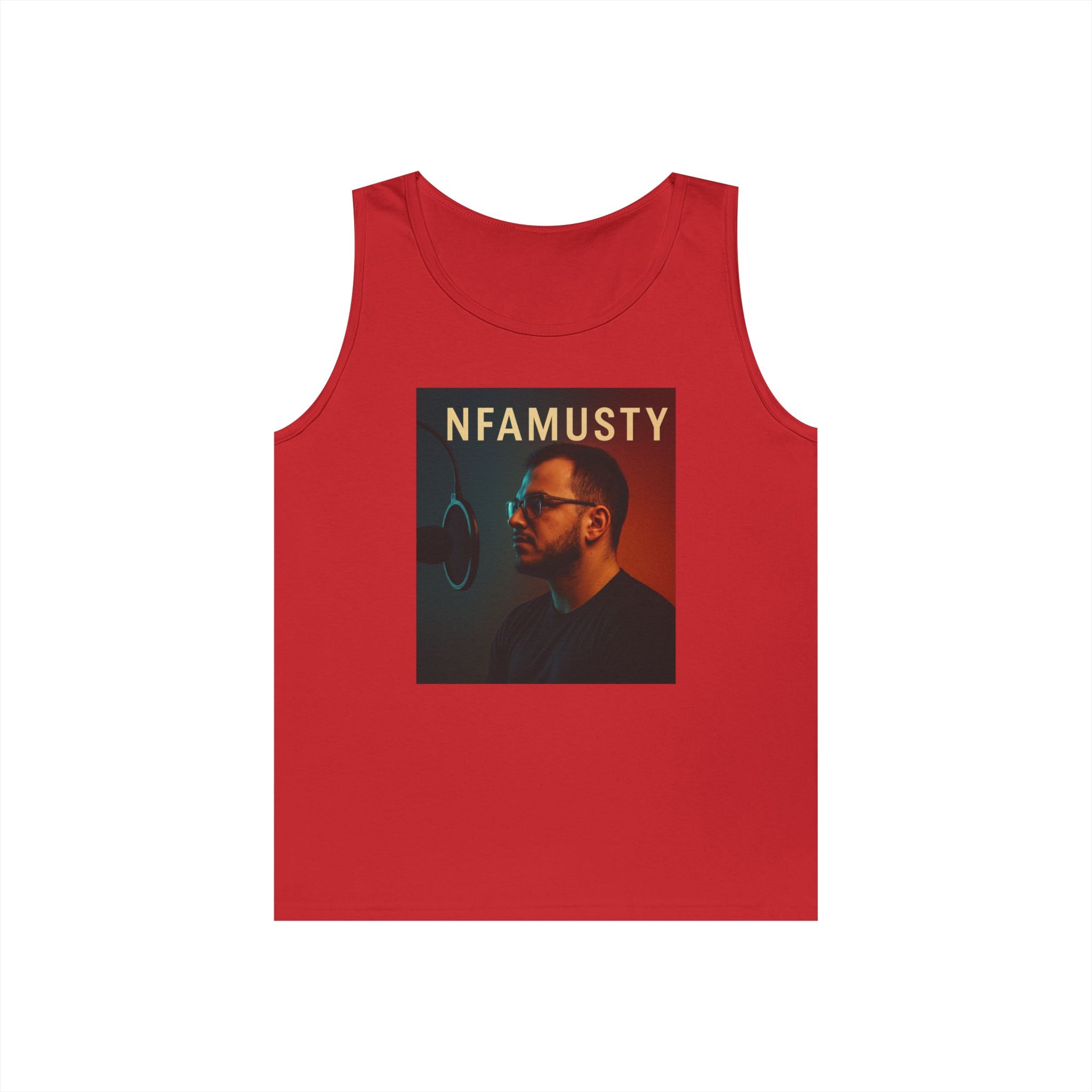 NFAMUSTY Music Tank Top — Retro Rap Artist Portrait & Cosmic Logo Graphic