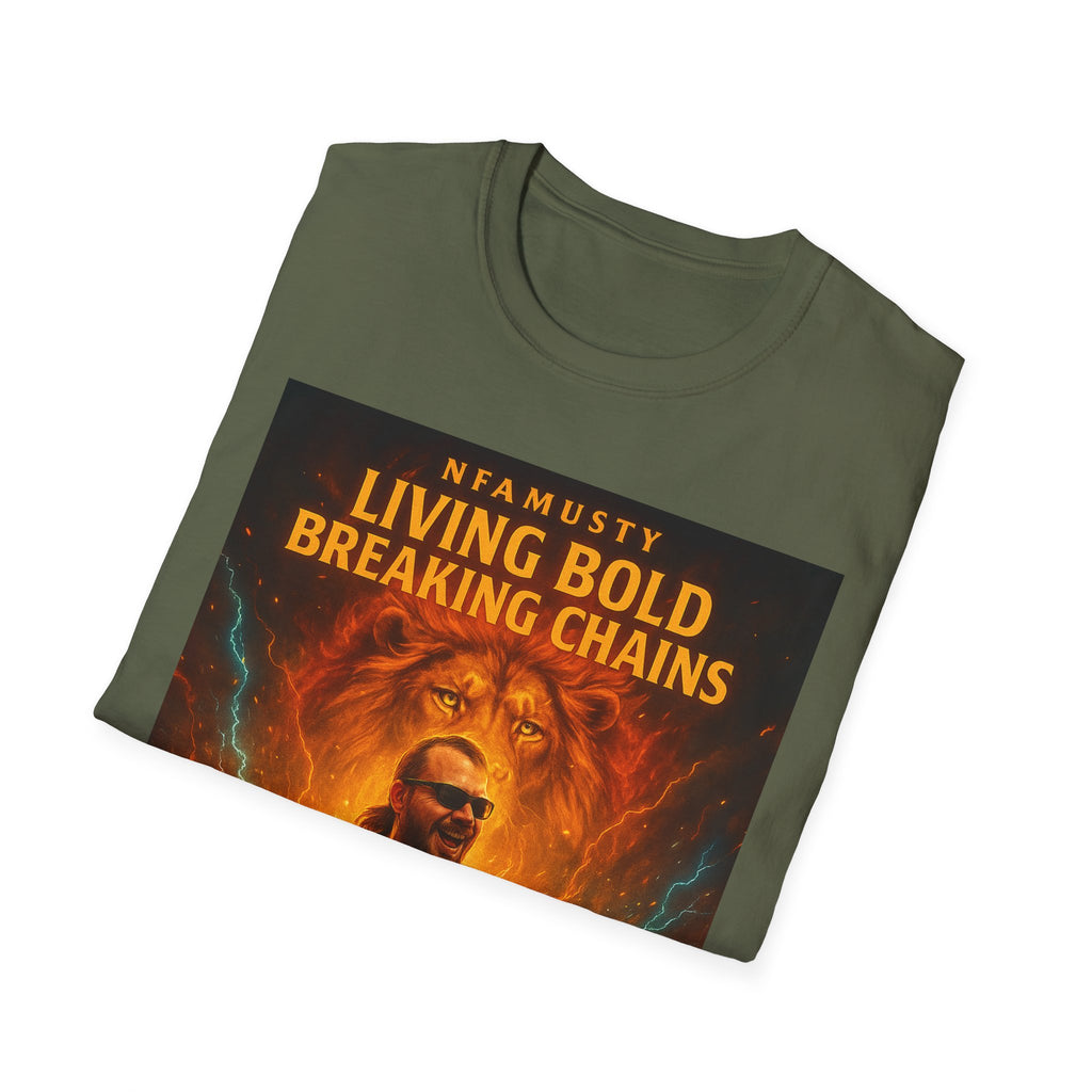 Music Promo T-Shirt — "Living Bold, Breaking Chains" Lion Design