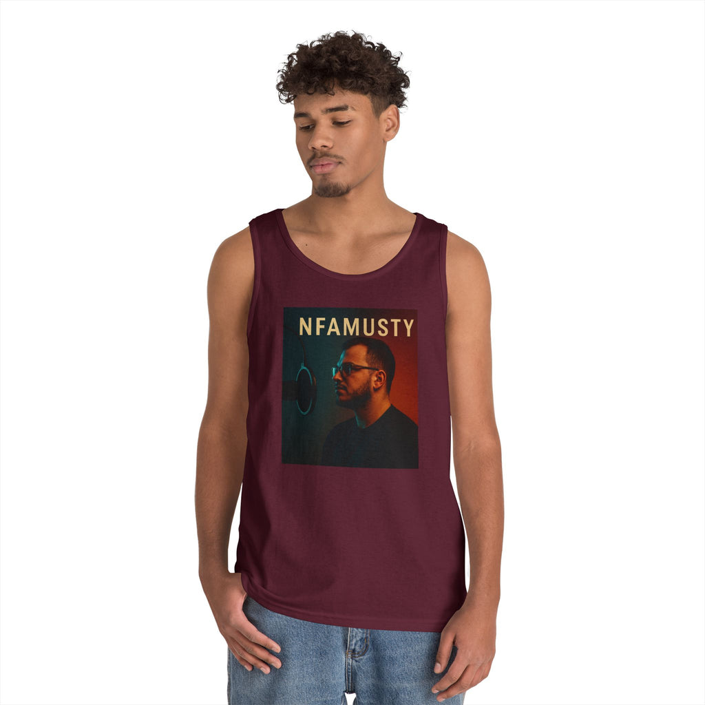 NFAMUSTY Music Tank Top — Retro Rap Artist Portrait & Cosmic Logo Graphic