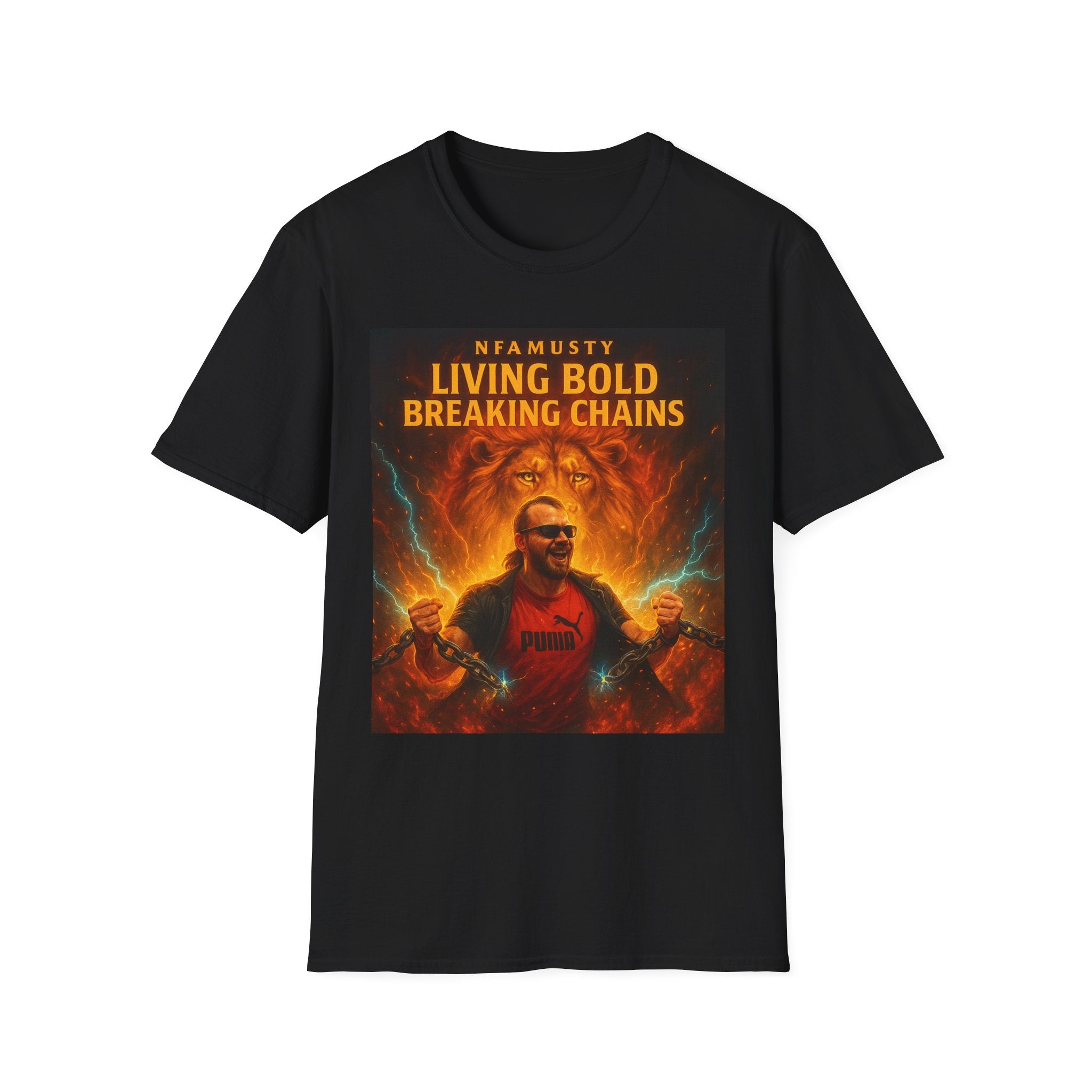 Music Promo T-Shirt — "Living Bold, Breaking Chains" Lion Design