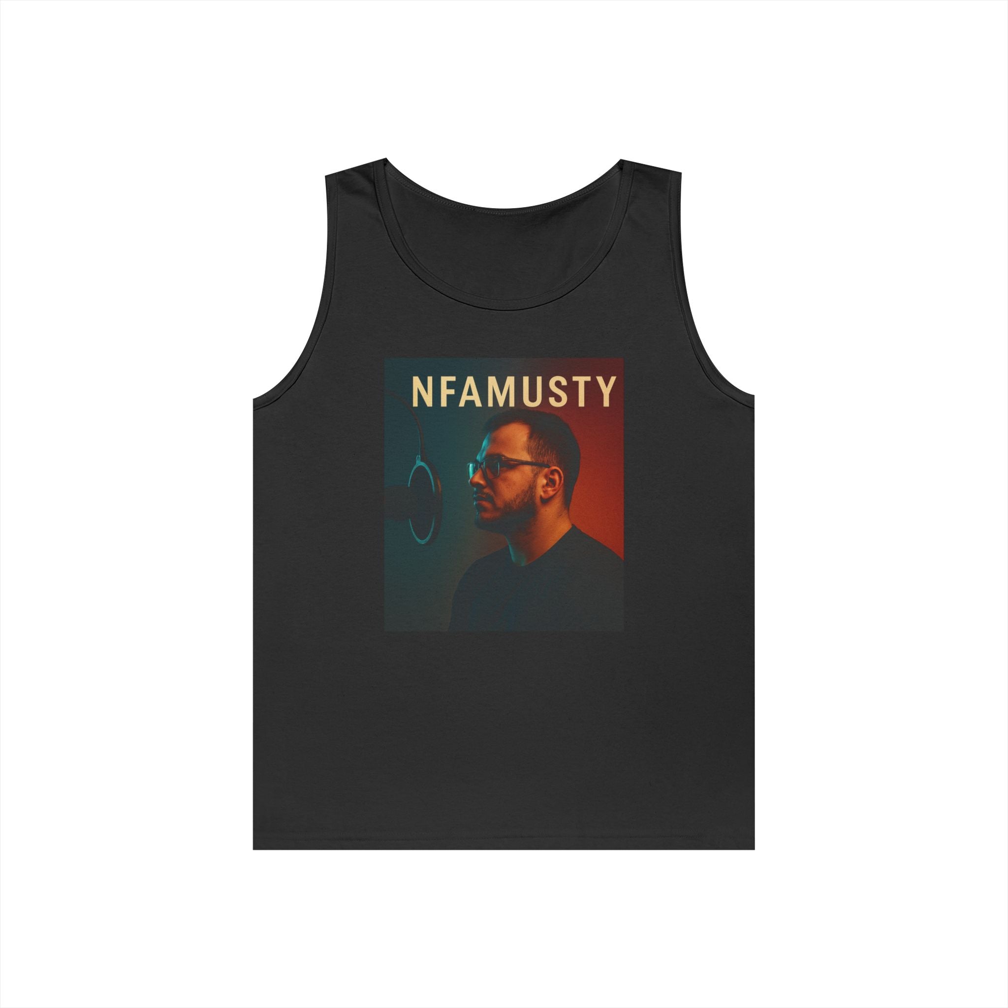 NFAMUSTY Music Tank Top — Retro Rap Artist Portrait & Cosmic Logo Graphic