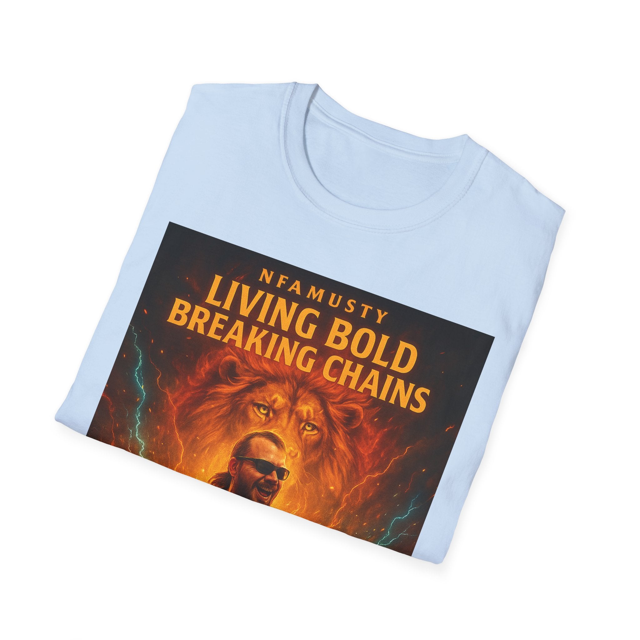 Music Promo T-Shirt — "Living Bold, Breaking Chains" Lion Design