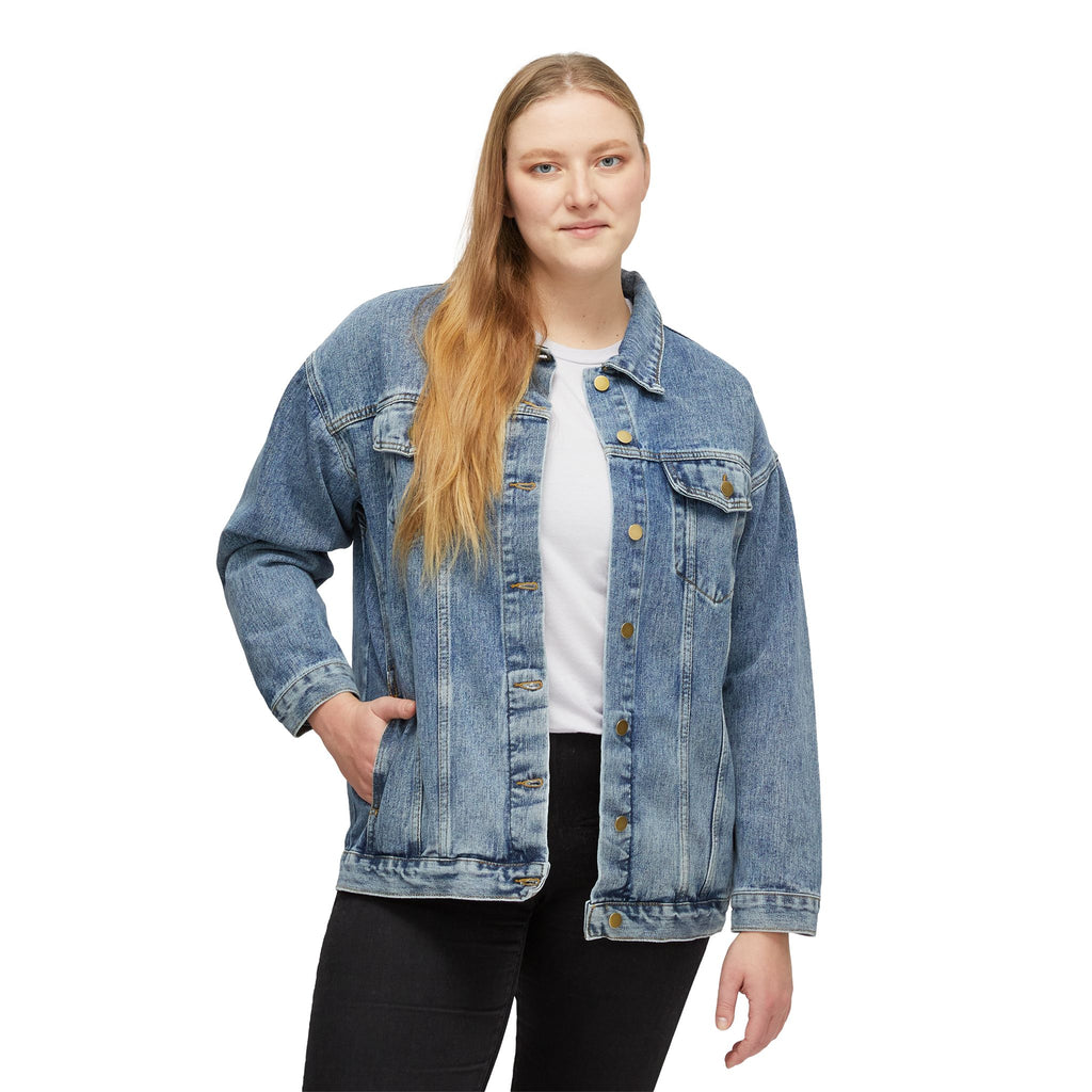 women Denim Jacket — 'NFAMUSTY Rise Above' Graphic Back Patch