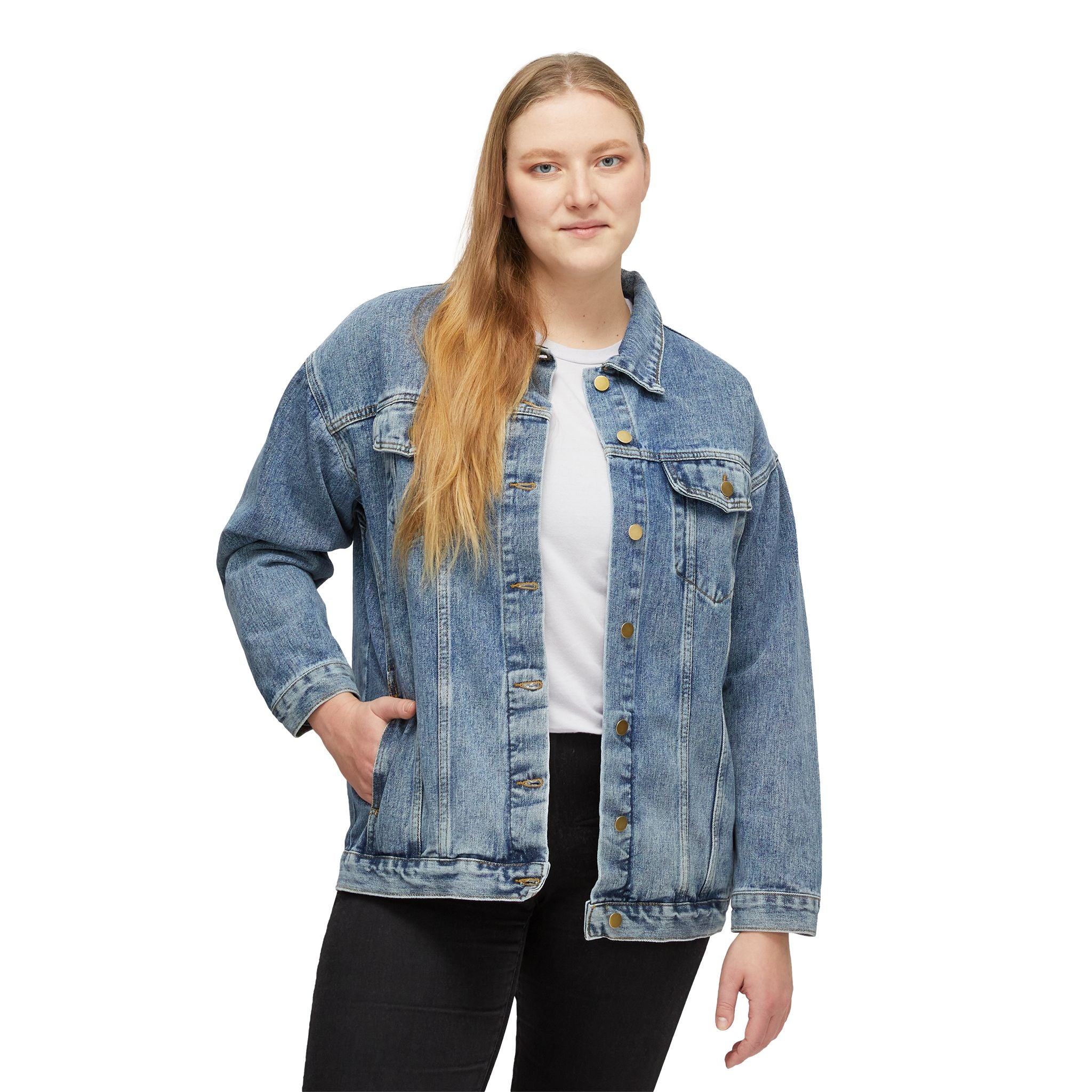 women Denim Jacket — 'NFAMUSTY Rise Above' Graphic Back Patch