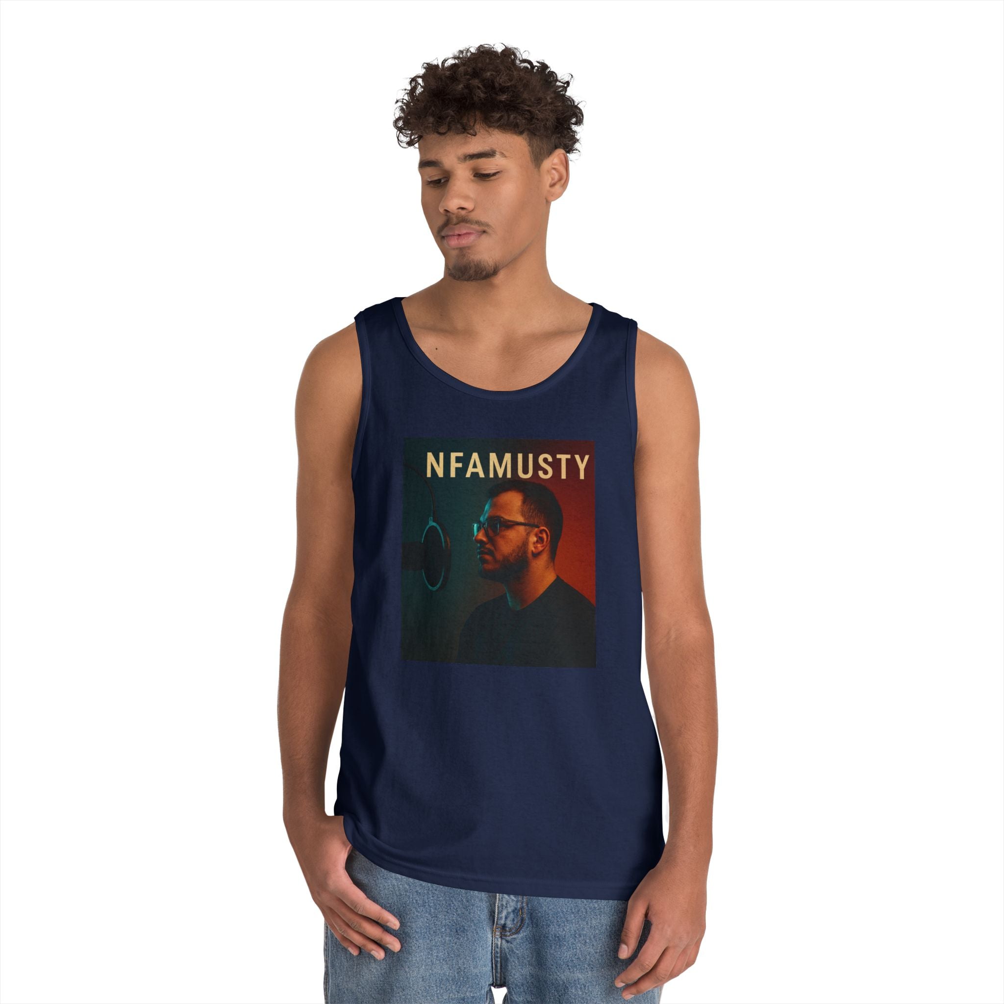 NFAMUSTY Music Tank Top — Retro Rap Artist Portrait & Cosmic Logo Graphic