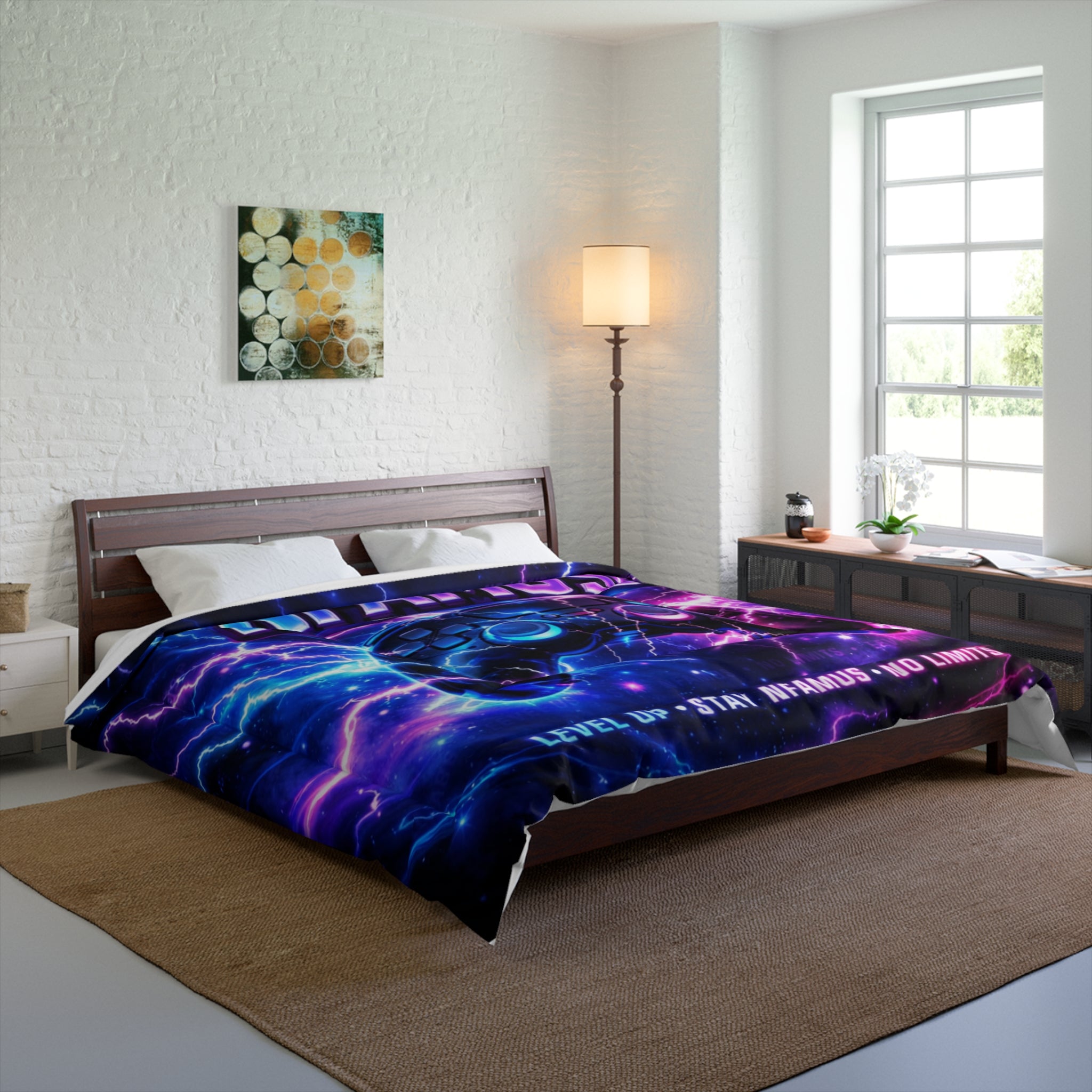 Gaming Comforter — "NFAMUS Gaming" Neon Controller Duvet Cover, Level Up & No Limits Bedding for Gamers