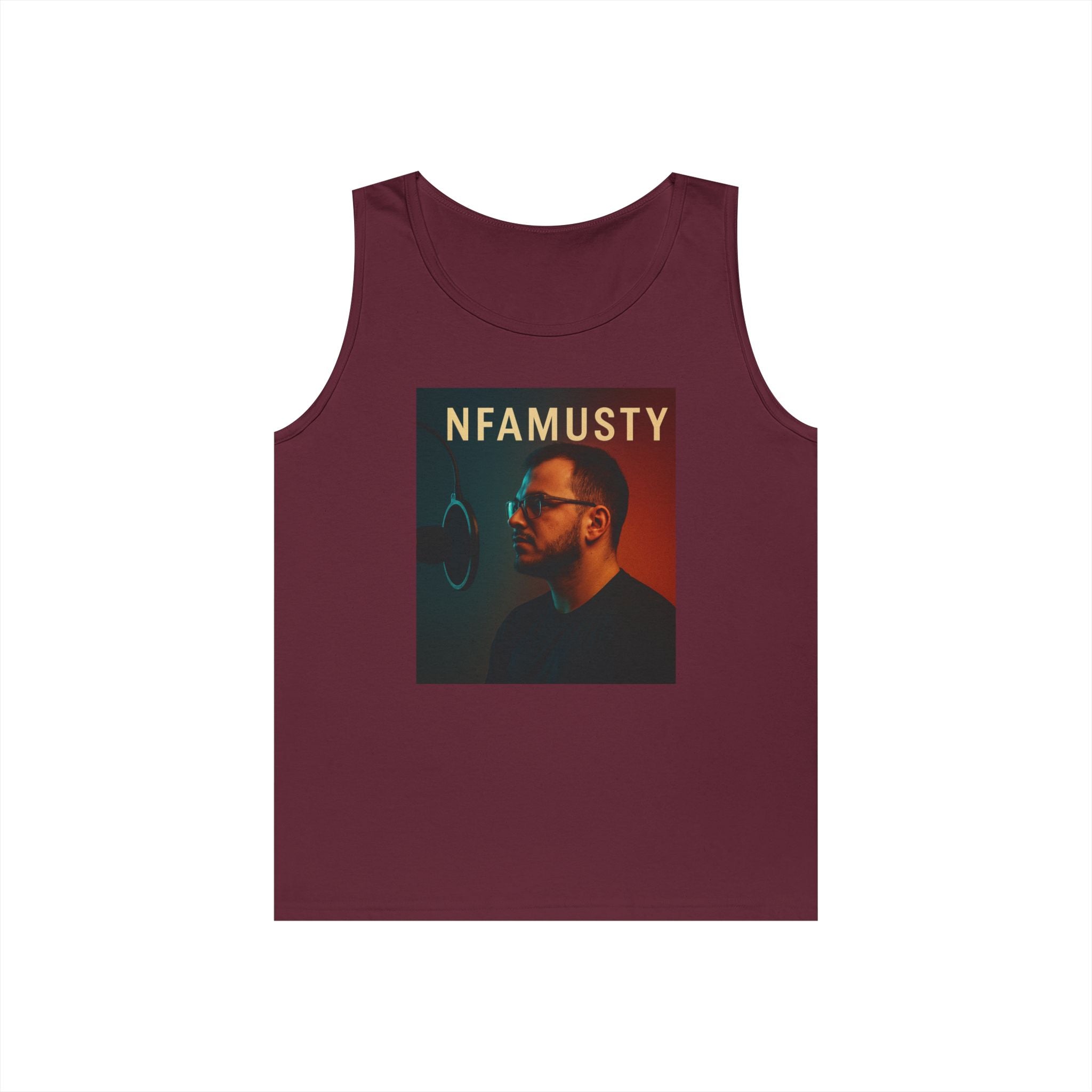 NFAMUSTY Music Tank Top — Retro Rap Artist Portrait & Cosmic Logo Graphic