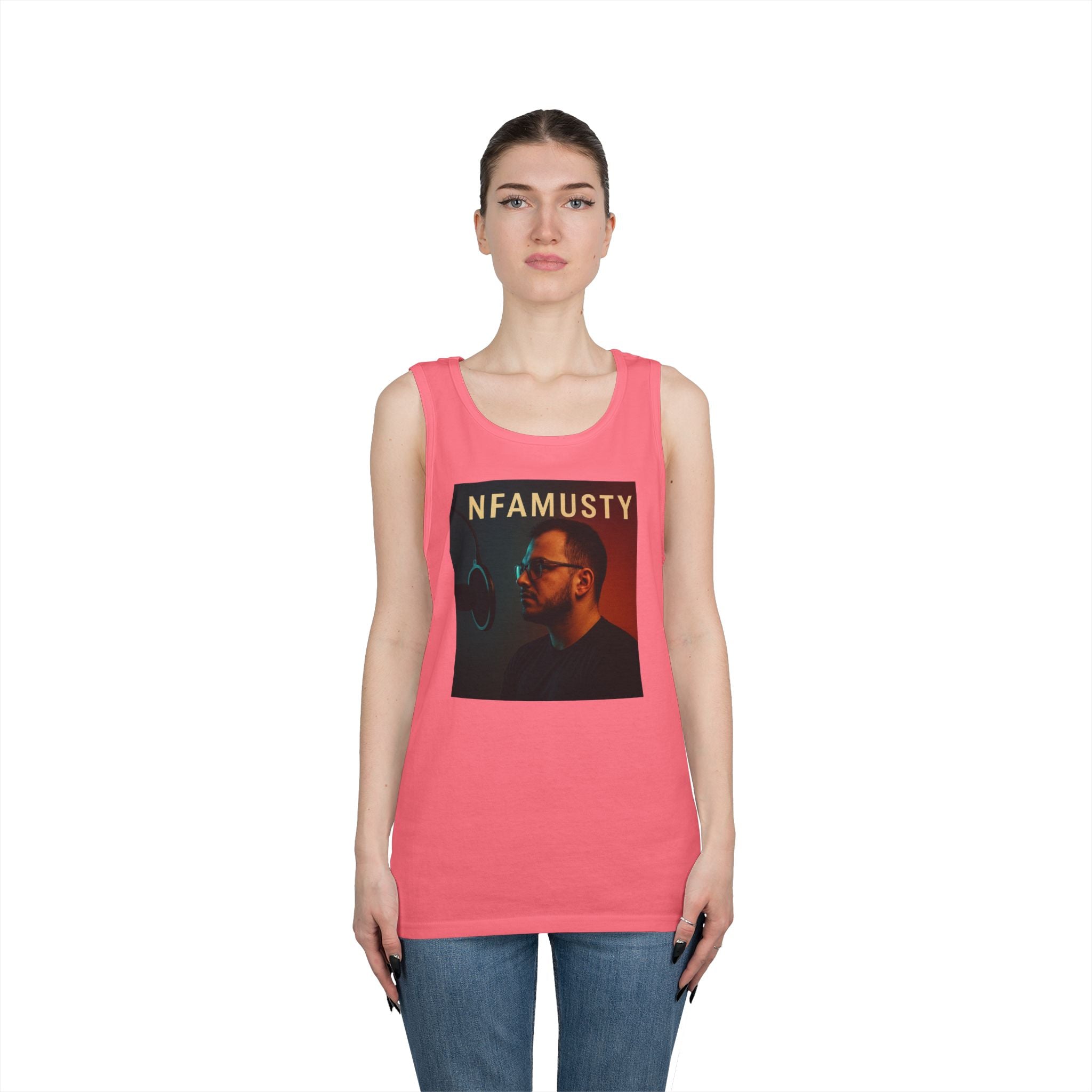 NFAMUSTY Music Tank Top — Retro Rap Artist Portrait & Cosmic Logo Graphic