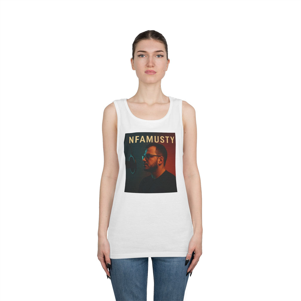 NFAMUSTY Music Tank Top — Retro Rap Artist Portrait & Cosmic Logo Graphic