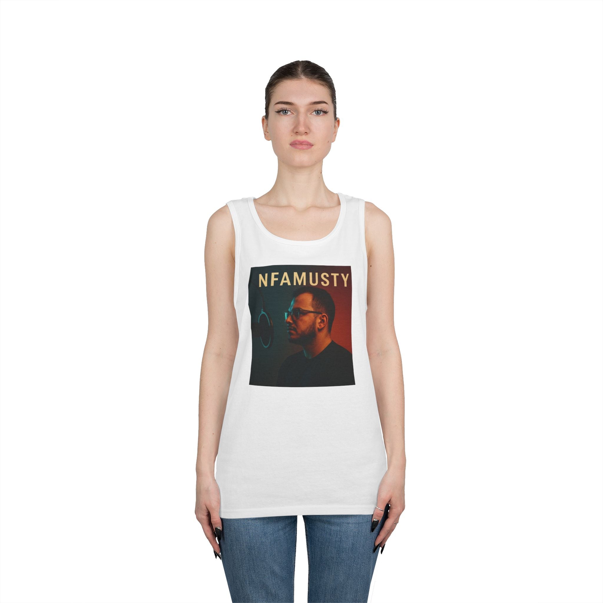 NFAMUSTY Music Tank Top — Retro Rap Artist Portrait & Cosmic Logo Graphic