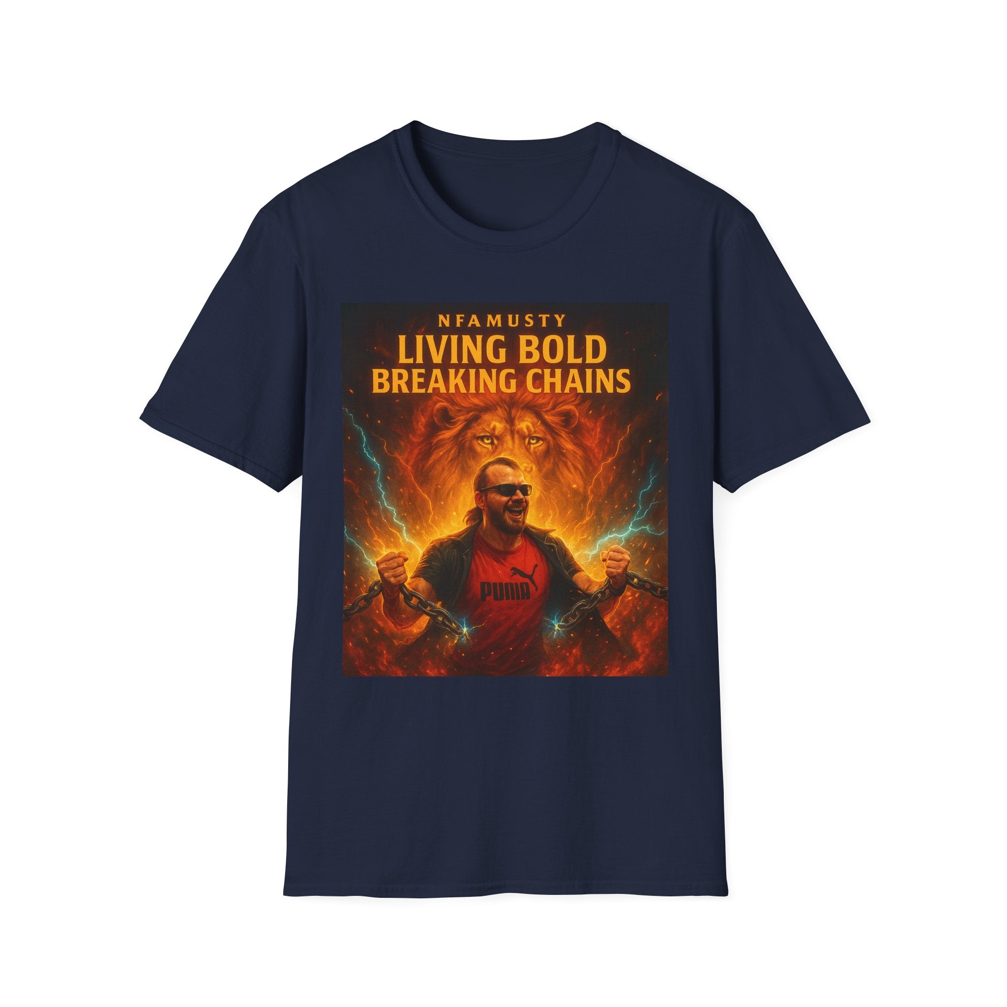 Music Promo T-Shirt — "Living Bold, Breaking Chains" Lion Design
