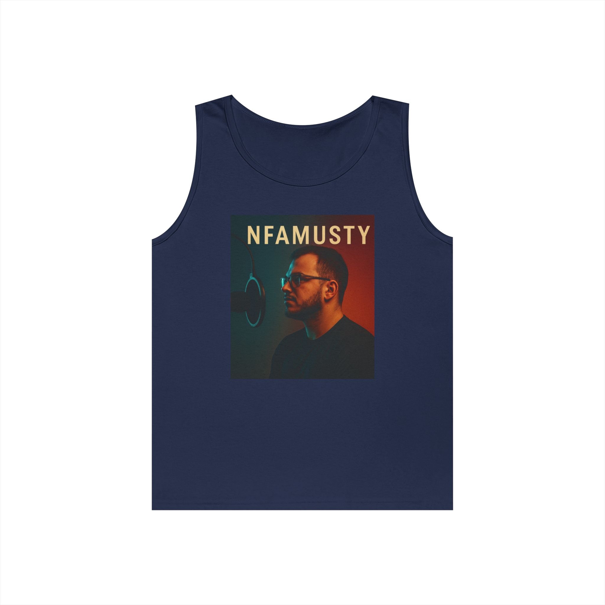NFAMUSTY Music Tank Top — Retro Rap Artist Portrait & Cosmic Logo Graphic