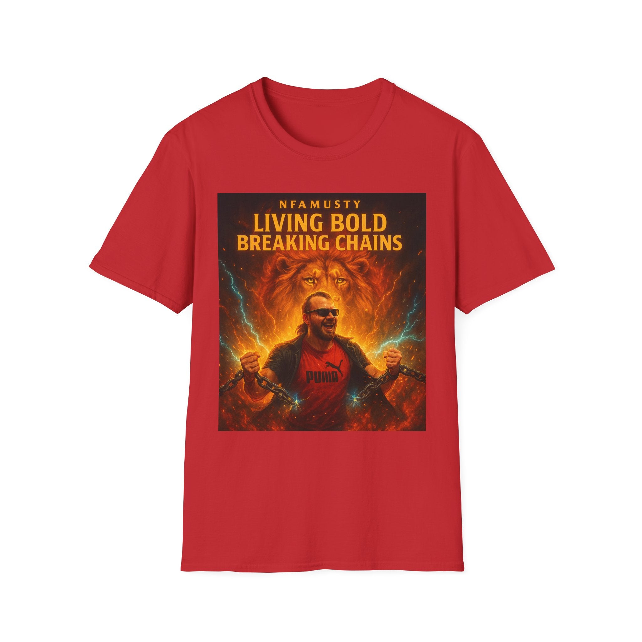 Music Promo T-Shirt — "Living Bold, Breaking Chains" Lion Design