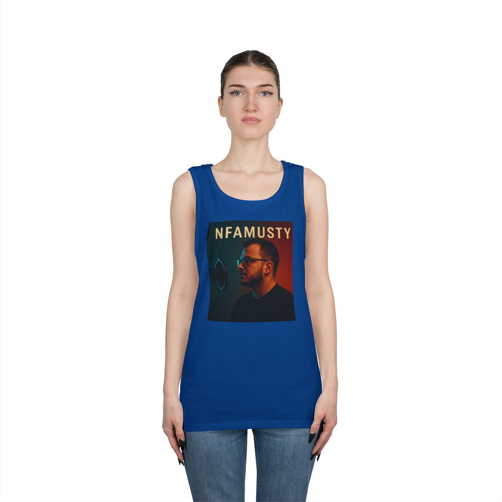 NFAMUSTY Music Tank Top — Retro Rap Artist Portrait & Cosmic Logo Graphic