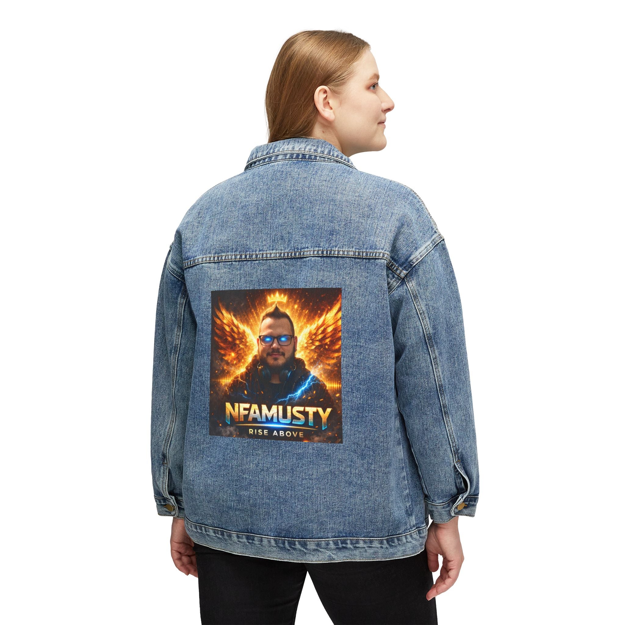 women Denim Jacket — 'NFAMUSTY Rise Above' Graphic Back Patch