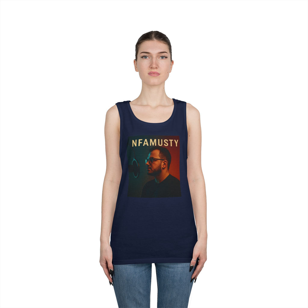 NFAMUSTY Music Tank Top — Retro Rap Artist Portrait & Cosmic Logo Graphic