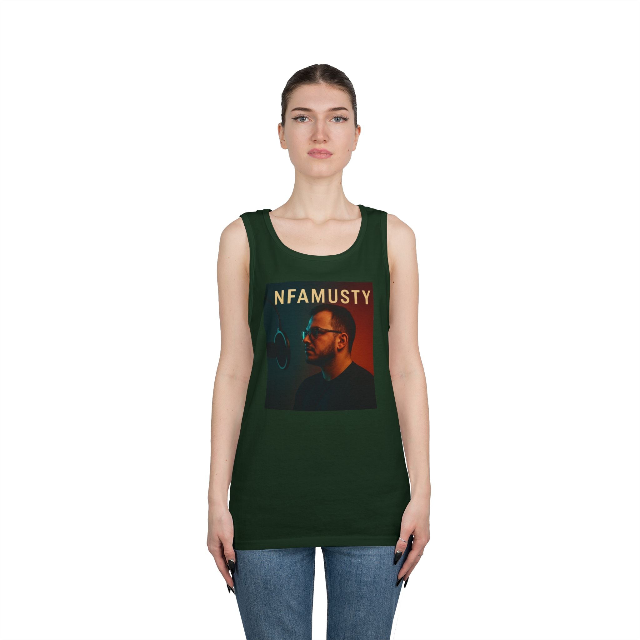 NFAMUSTY Music Tank Top — Retro Rap Artist Portrait & Cosmic Logo Graphic