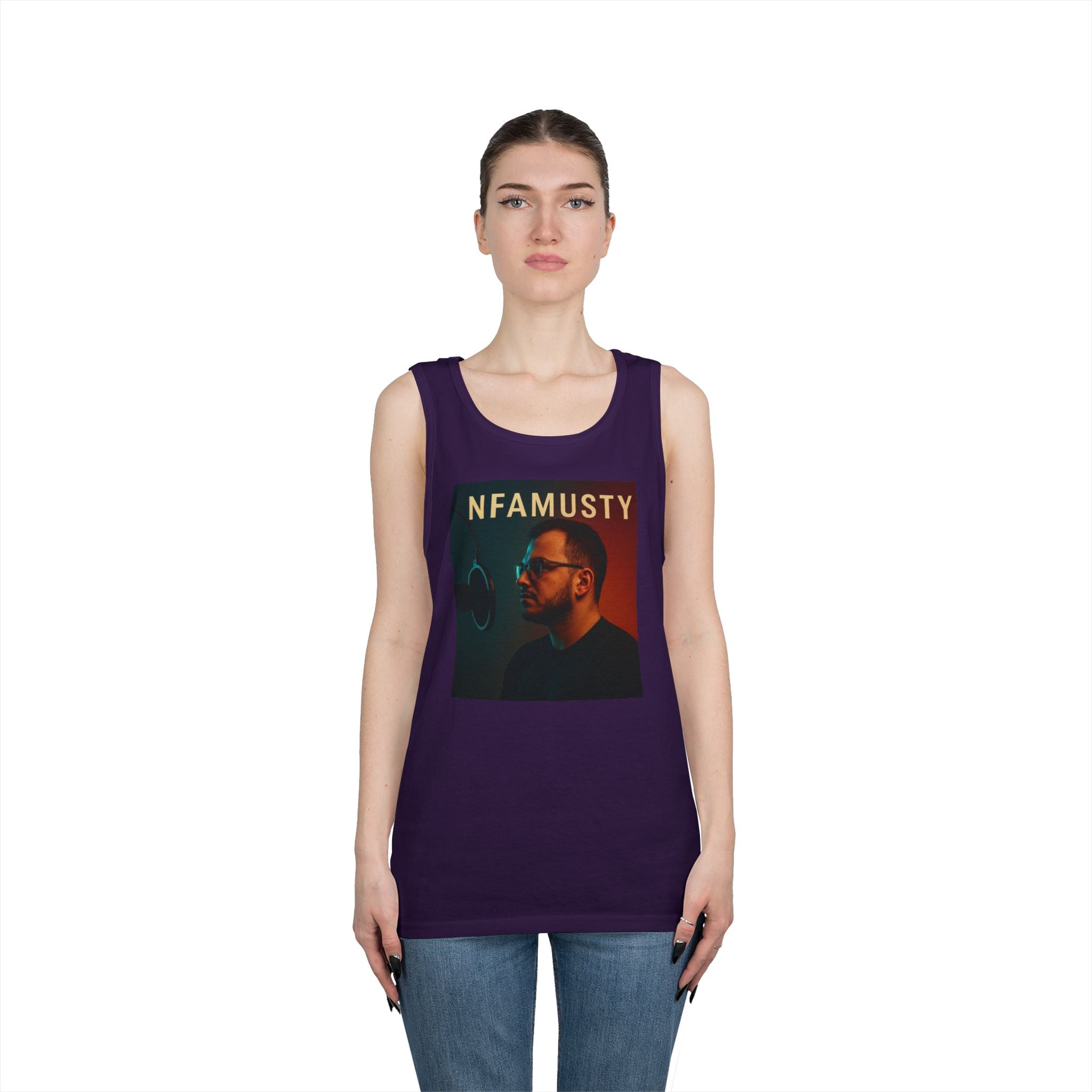 NFAMUSTY Music Tank Top — Retro Rap Artist Portrait & Cosmic Logo Graphic