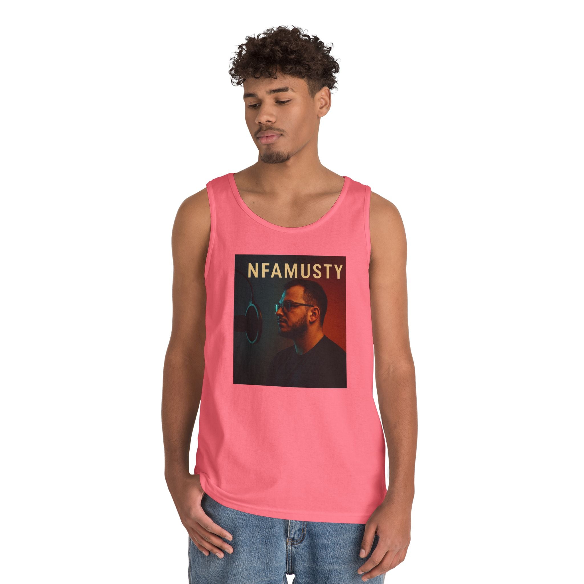 NFAMUSTY Music Tank Top — Retro Rap Artist Portrait & Cosmic Logo Graphic