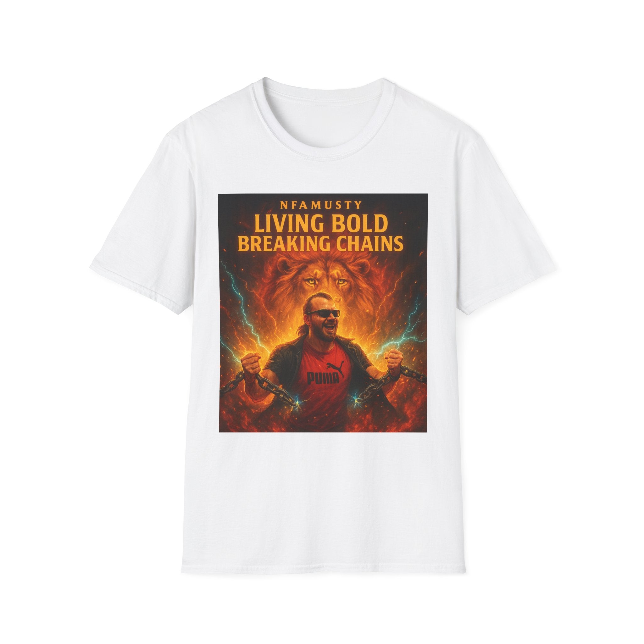 Music Promo T-Shirt — "Living Bold, Breaking Chains" Lion Design