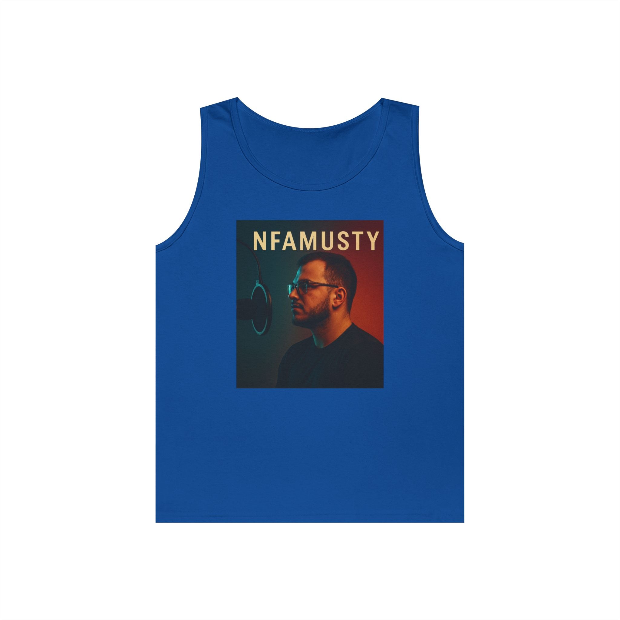 NFAMUSTY Music Tank Top — Retro Rap Artist Portrait & Cosmic Logo Graphic