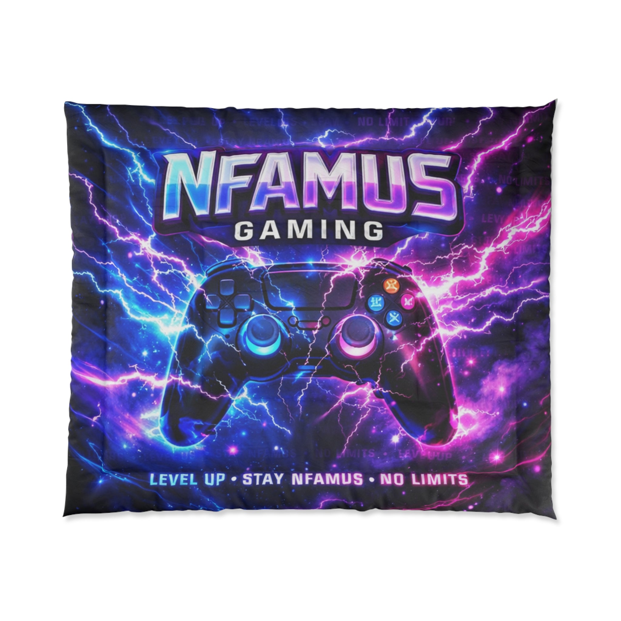 Gaming Comforter — "NFAMUS Gaming" Neon Controller Duvet Cover, Level Up & No Limits Bedding for Gamers