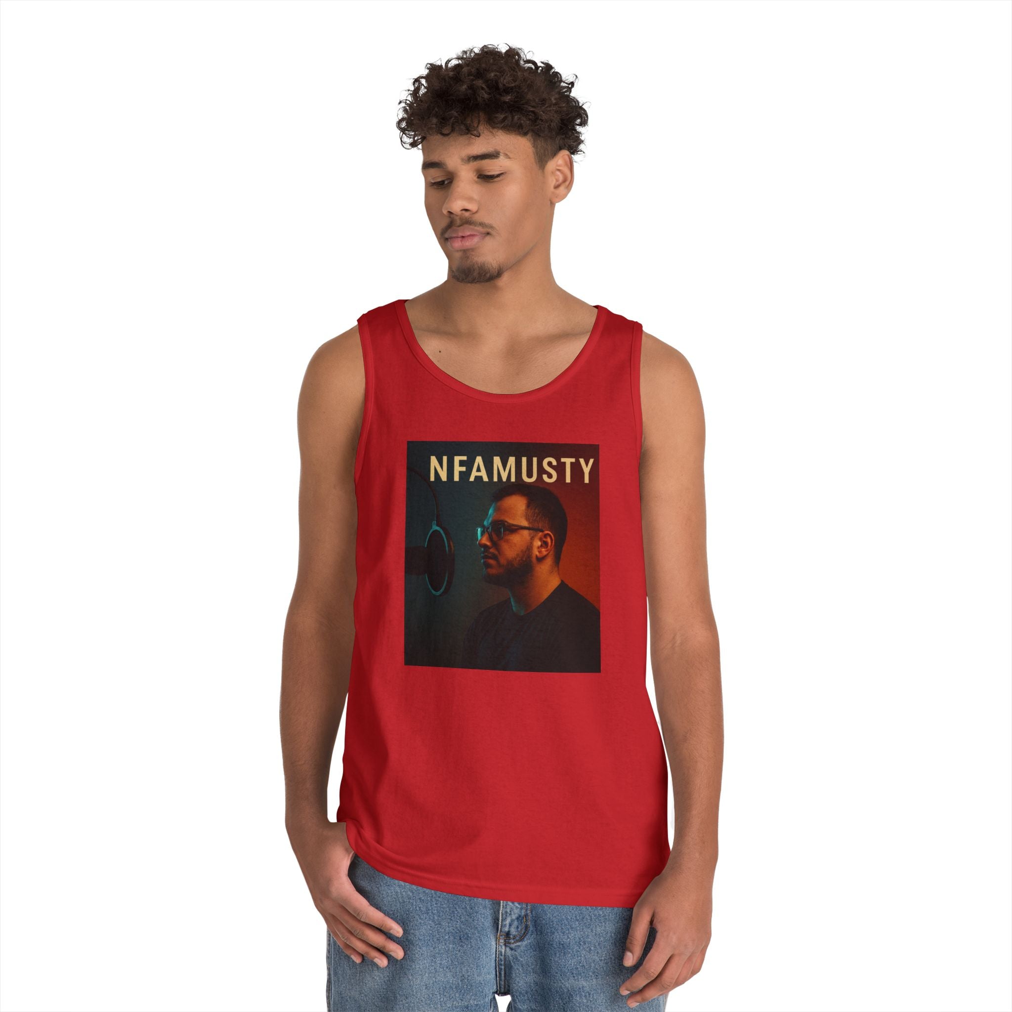 NFAMUSTY Music Tank Top — Retro Rap Artist Portrait & Cosmic Logo Graphic