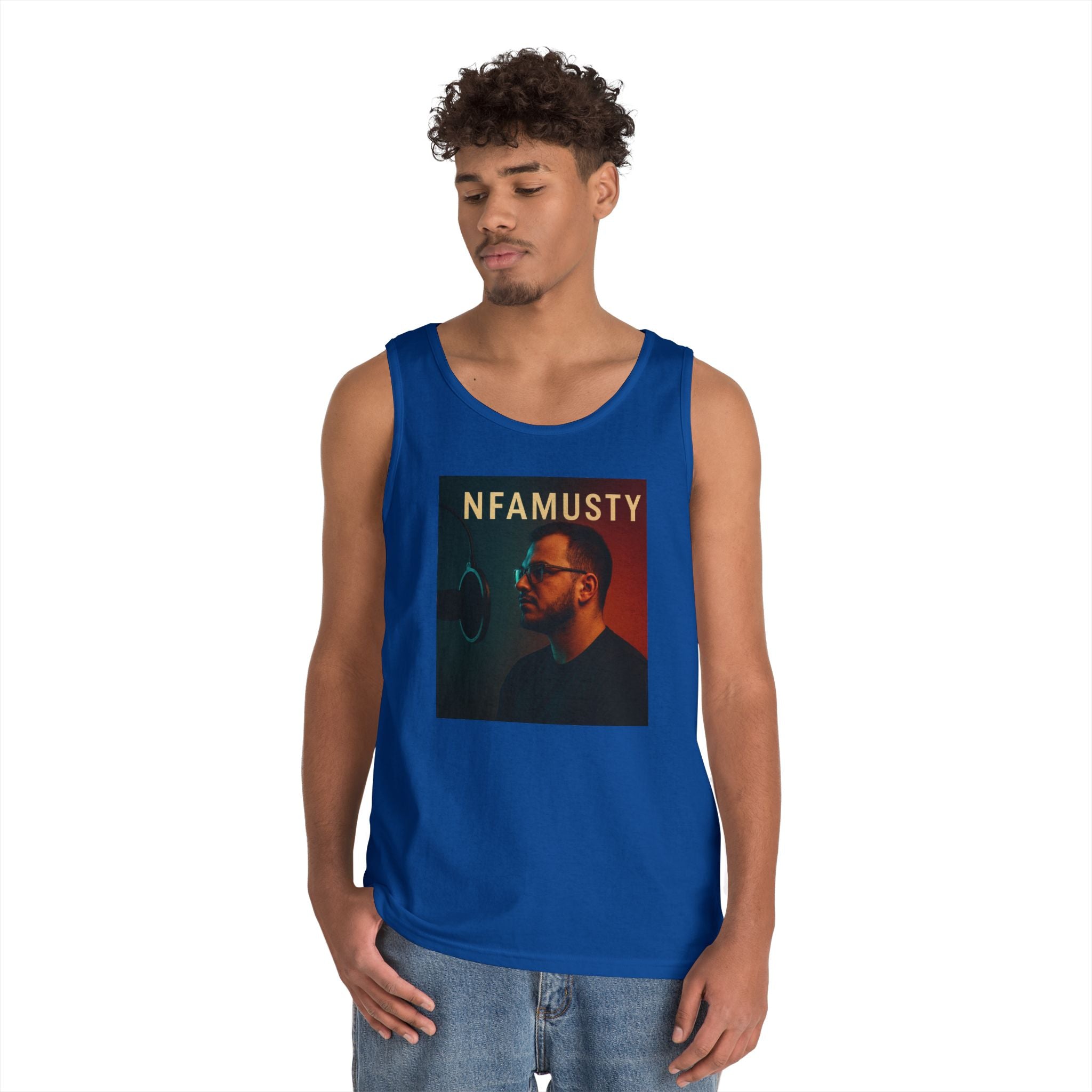 NFAMUSTY Music Tank Top — Retro Rap Artist Portrait & Cosmic Logo Graphic