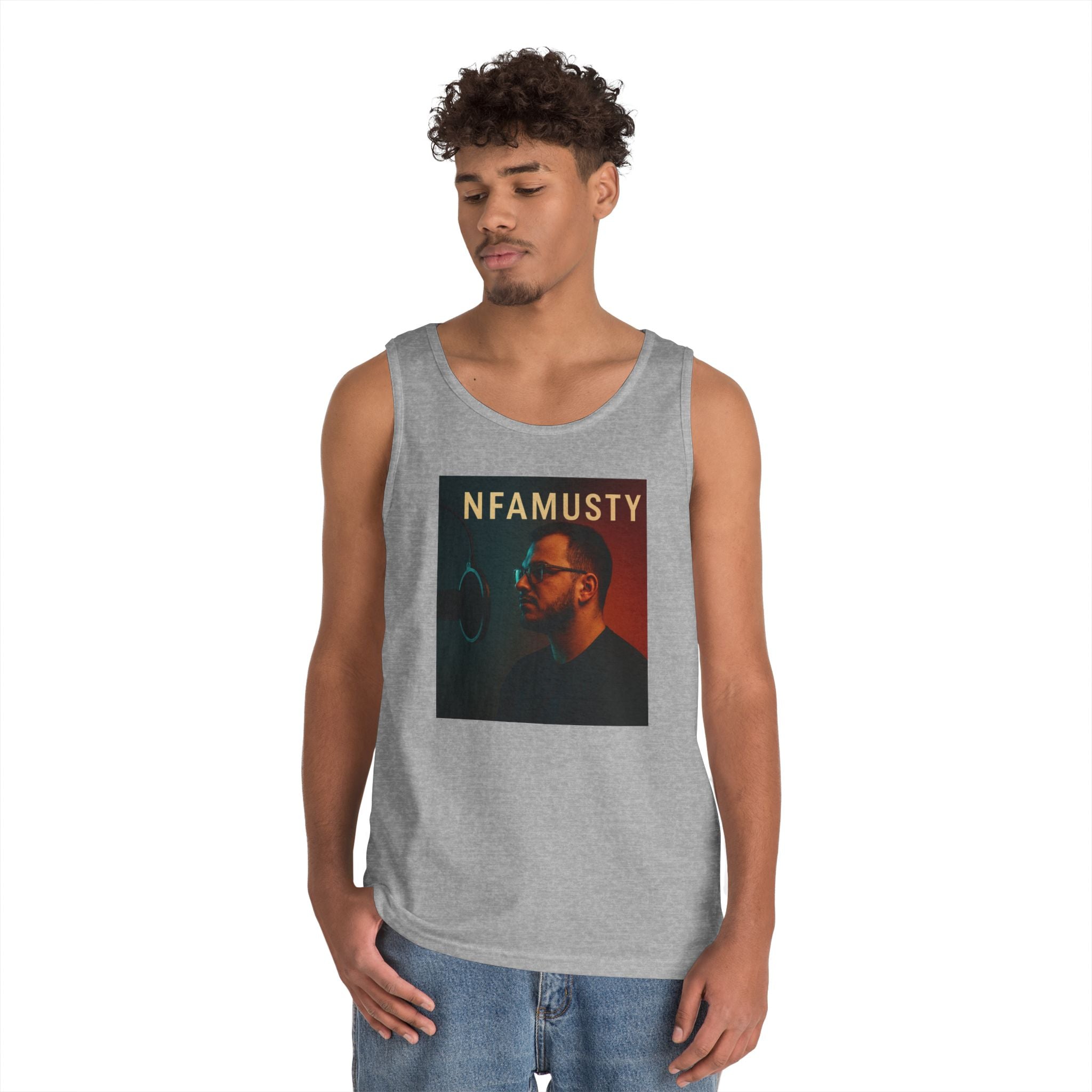 NFAMUSTY Music Tank Top — Retro Rap Artist Portrait & Cosmic Logo Graphic