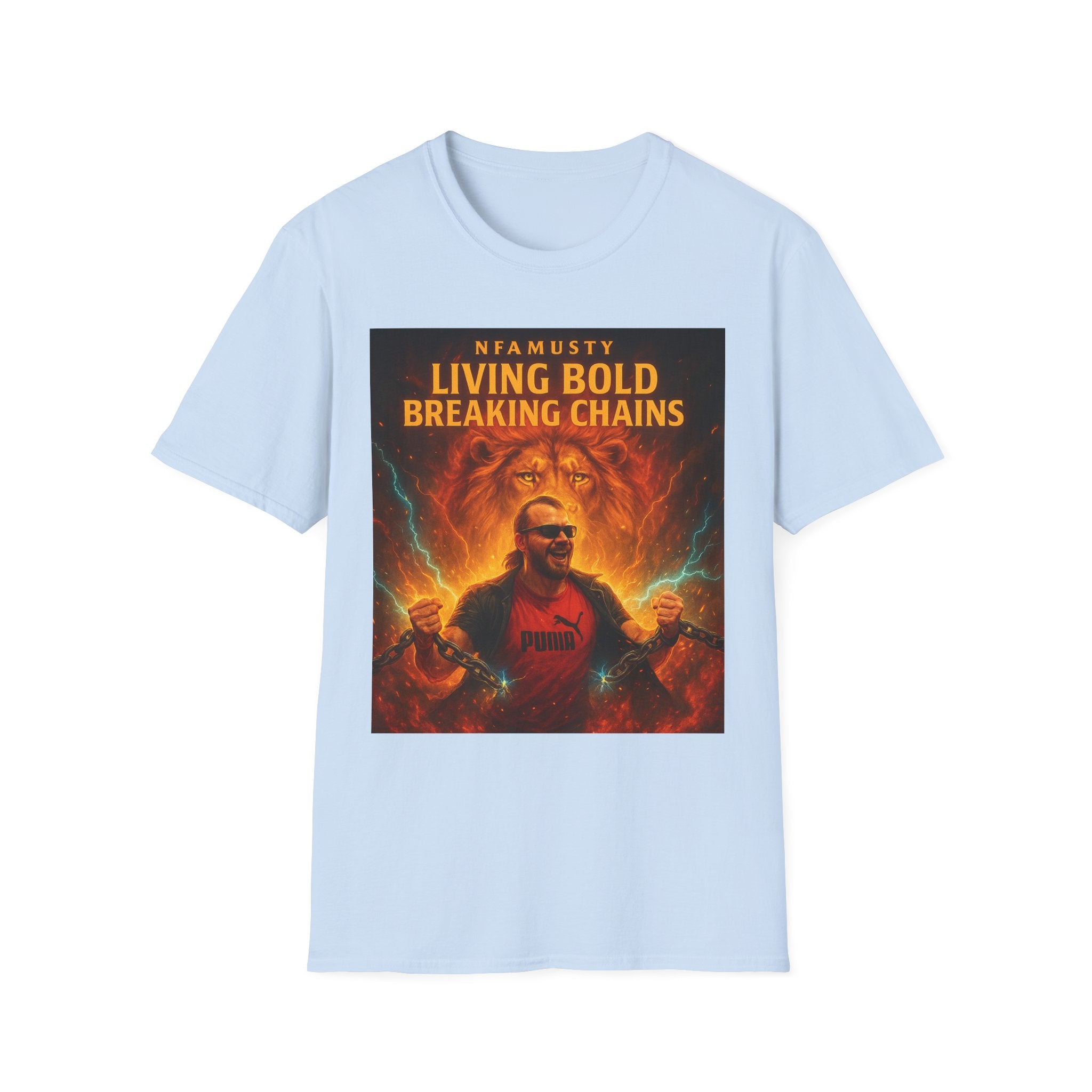 Music Promo T-Shirt — "Living Bold, Breaking Chains" Lion Design