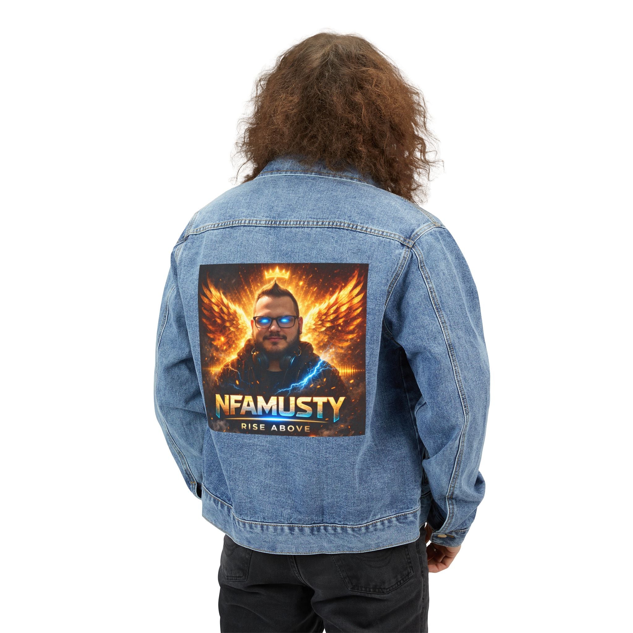 Men's Denim Jacket — 'NFAMUSTY Rise Above' Graphic Back Patch Jacket