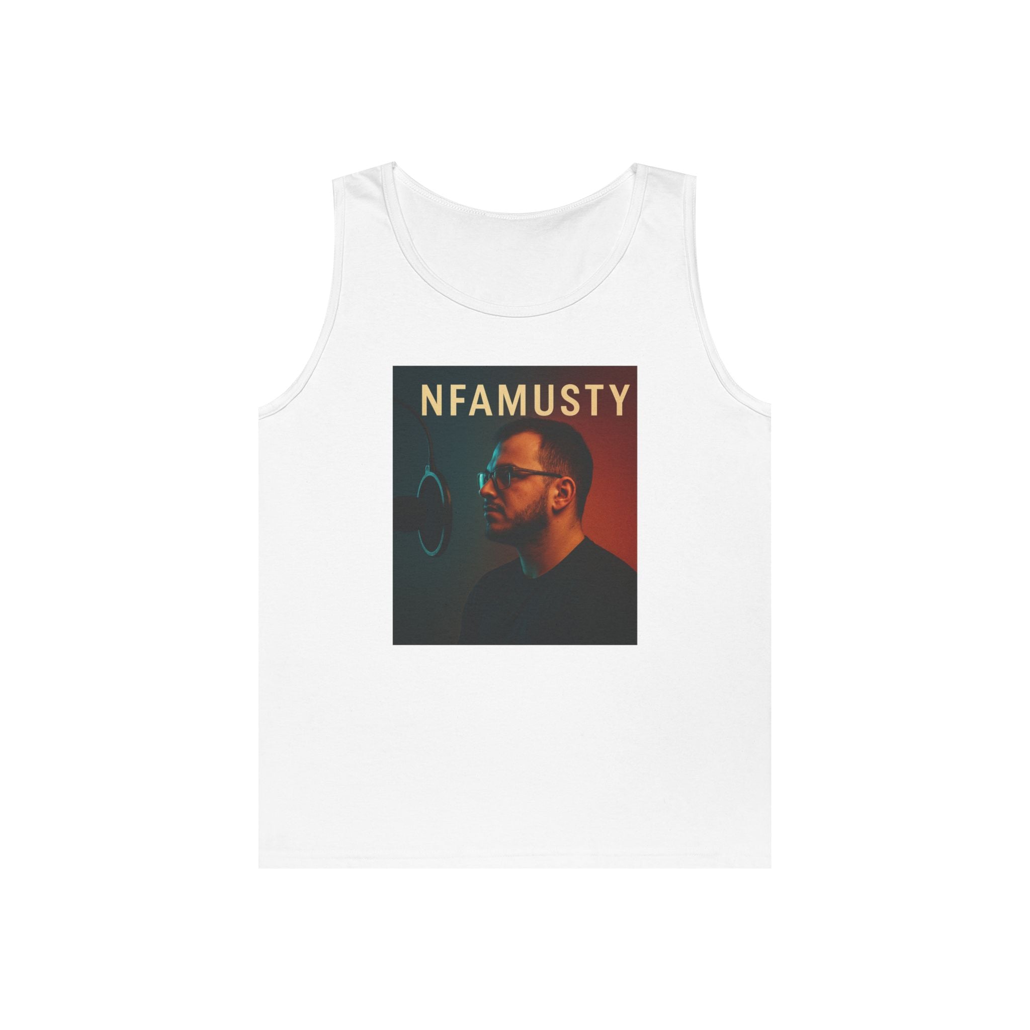 NFAMUSTY Music Tank Top — Retro Rap Artist Portrait & Cosmic Logo Graphic
