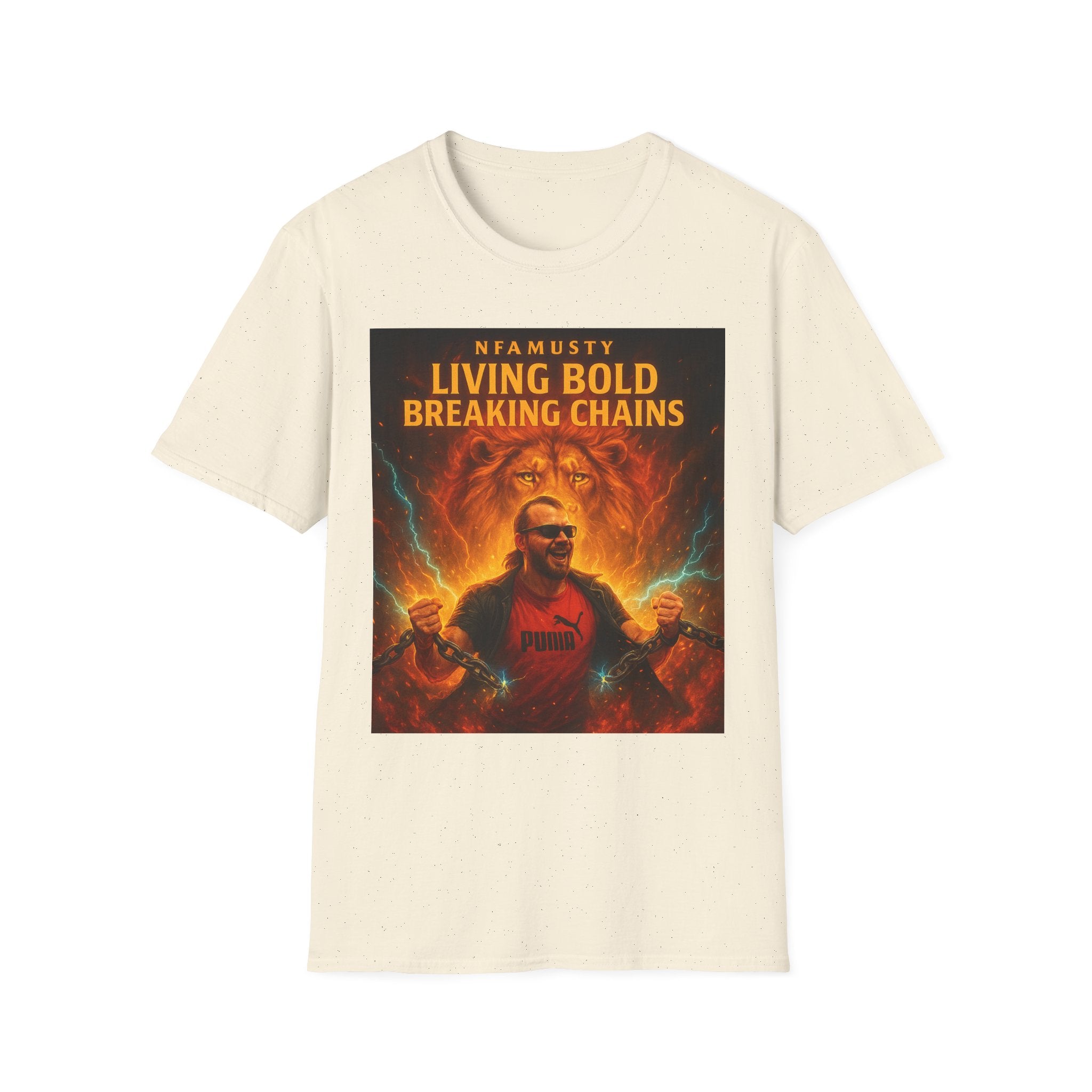 Music Promo T-Shirt — "Living Bold, Breaking Chains" Lion Design
