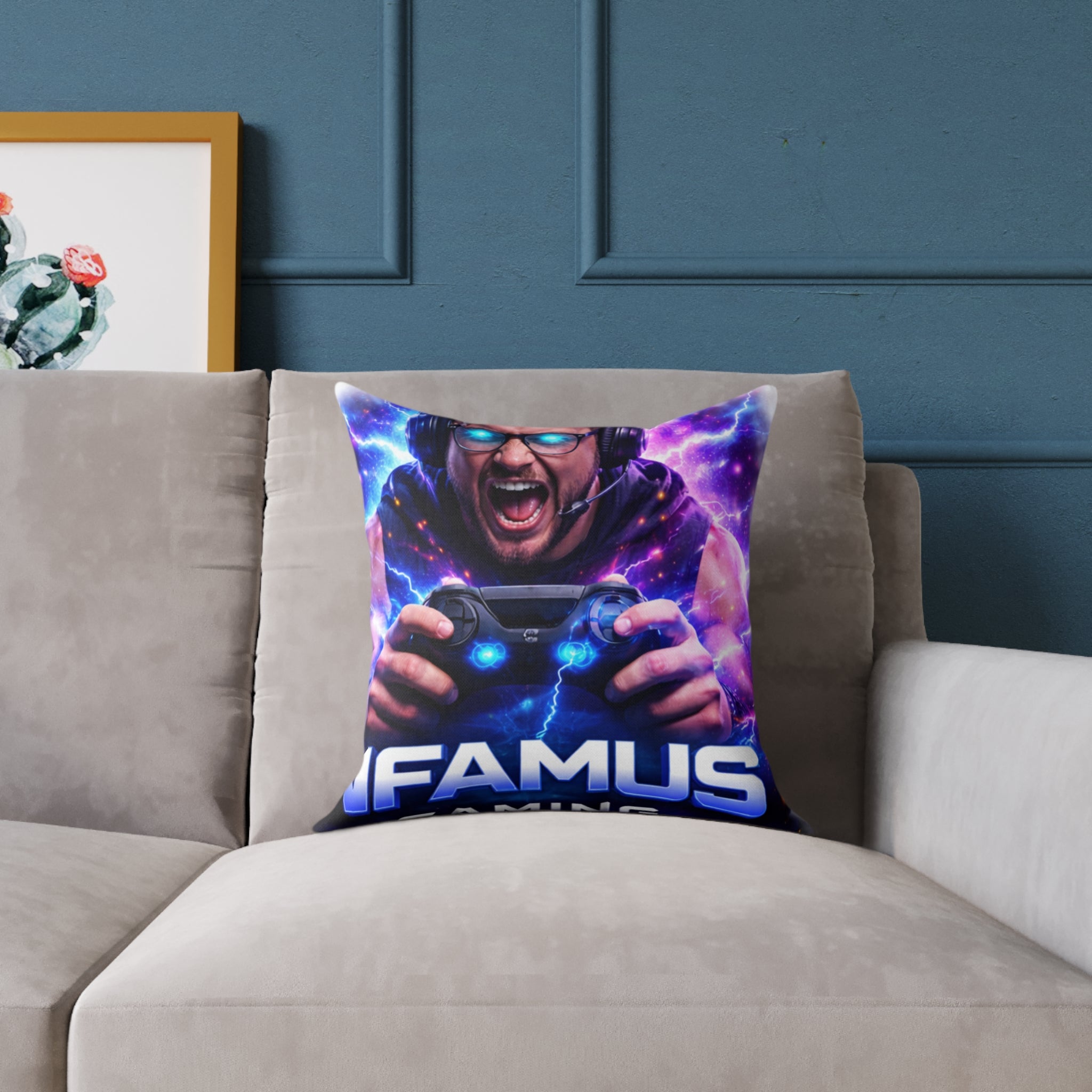 Gaming Pillow — 'Infamous Gaming' Neon Controller Throw Pillow