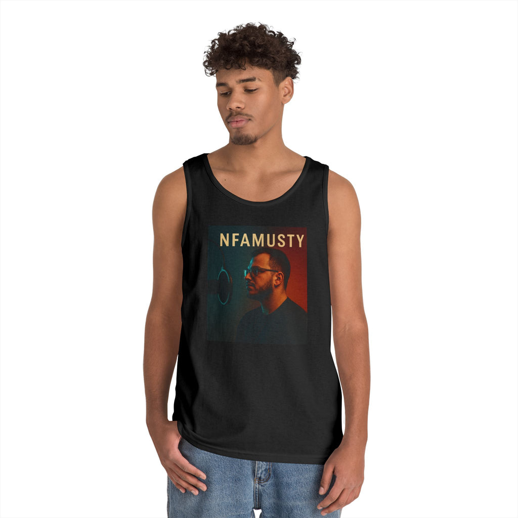 NFAMUSTY Music Tank Top — Retro Rap Artist Portrait & Cosmic Logo Graphic