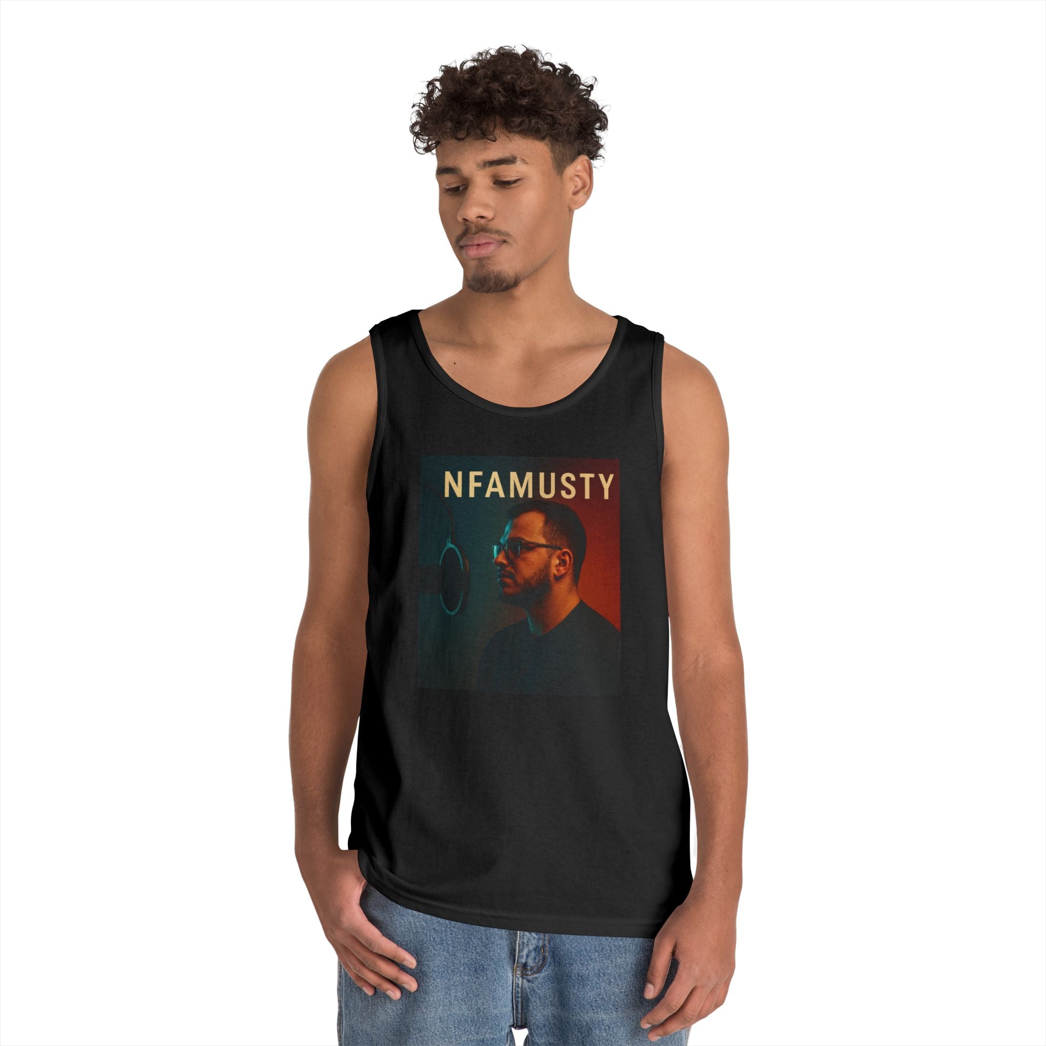 NFAMUSTY Music Tank Top — Retro Rap Artist Portrait & Cosmic Logo Graphic