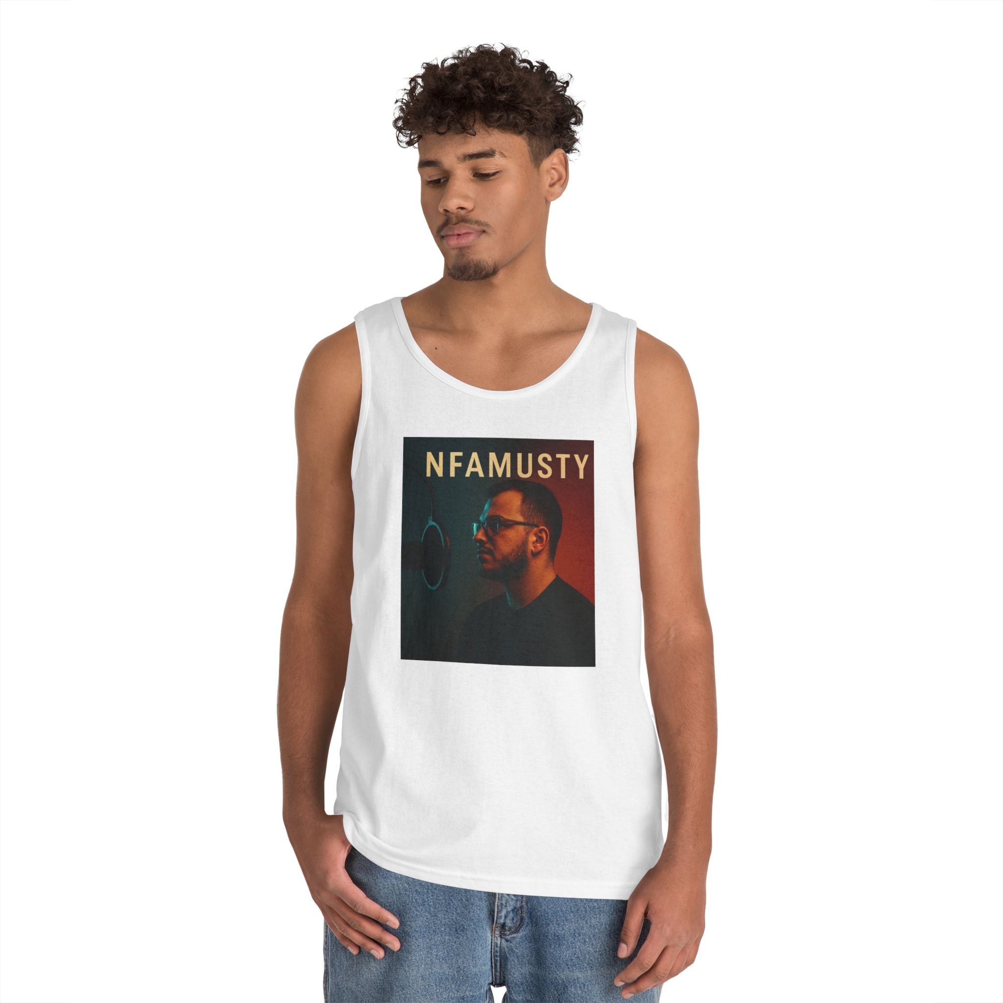 NFAMUSTY Music Tank Top — Retro Rap Artist Portrait & Cosmic Logo Graphic