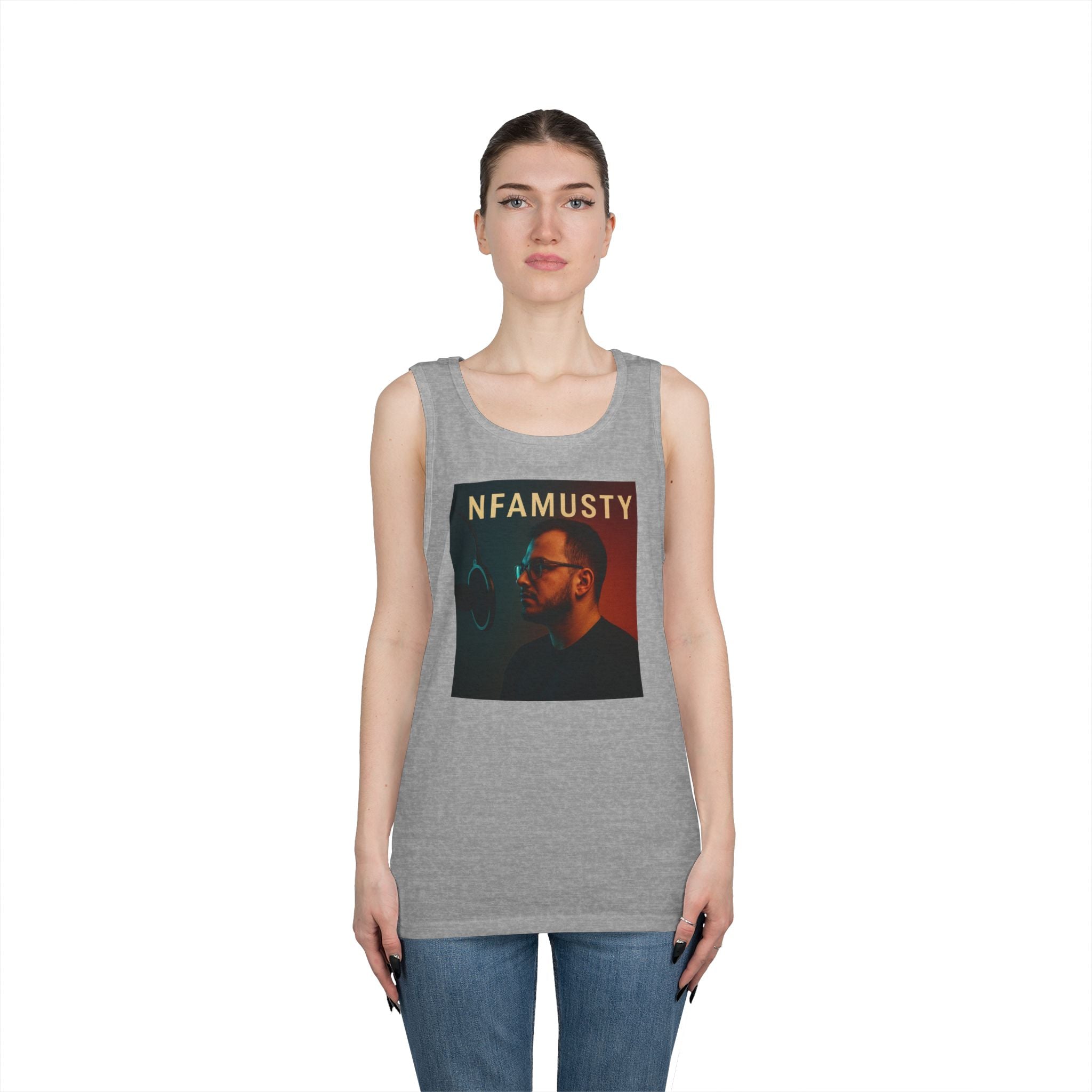 NFAMUSTY Music Tank Top — Retro Rap Artist Portrait & Cosmic Logo Graphic