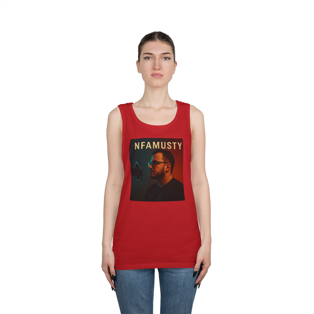 NFAMUSTY Music Tank Top — Retro Rap Artist Portrait & Cosmic Logo Graphic