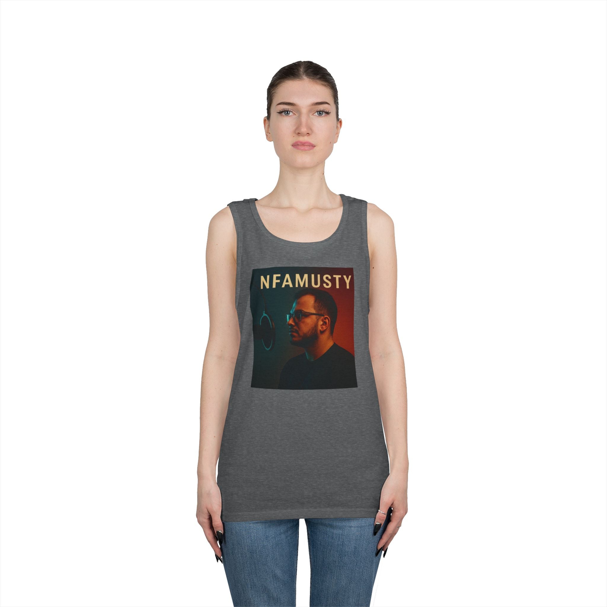 NFAMUSTY Music Tank Top — Retro Rap Artist Portrait & Cosmic Logo Graphic