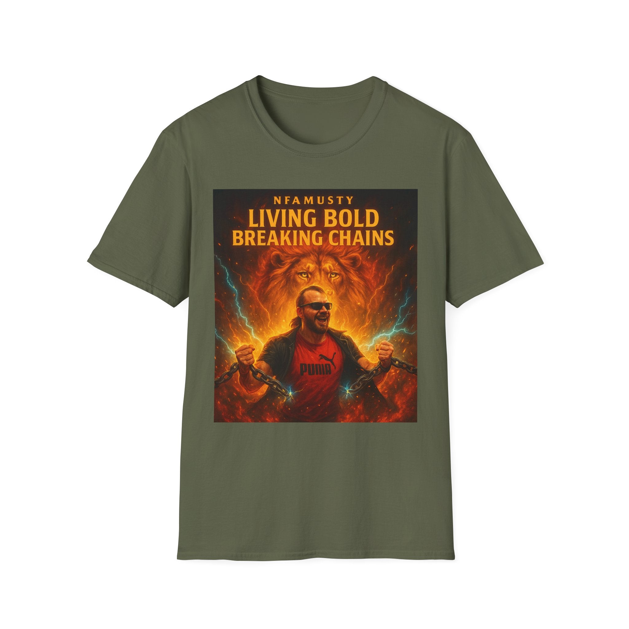 Music Promo T-Shirt — "Living Bold, Breaking Chains" Lion Design
