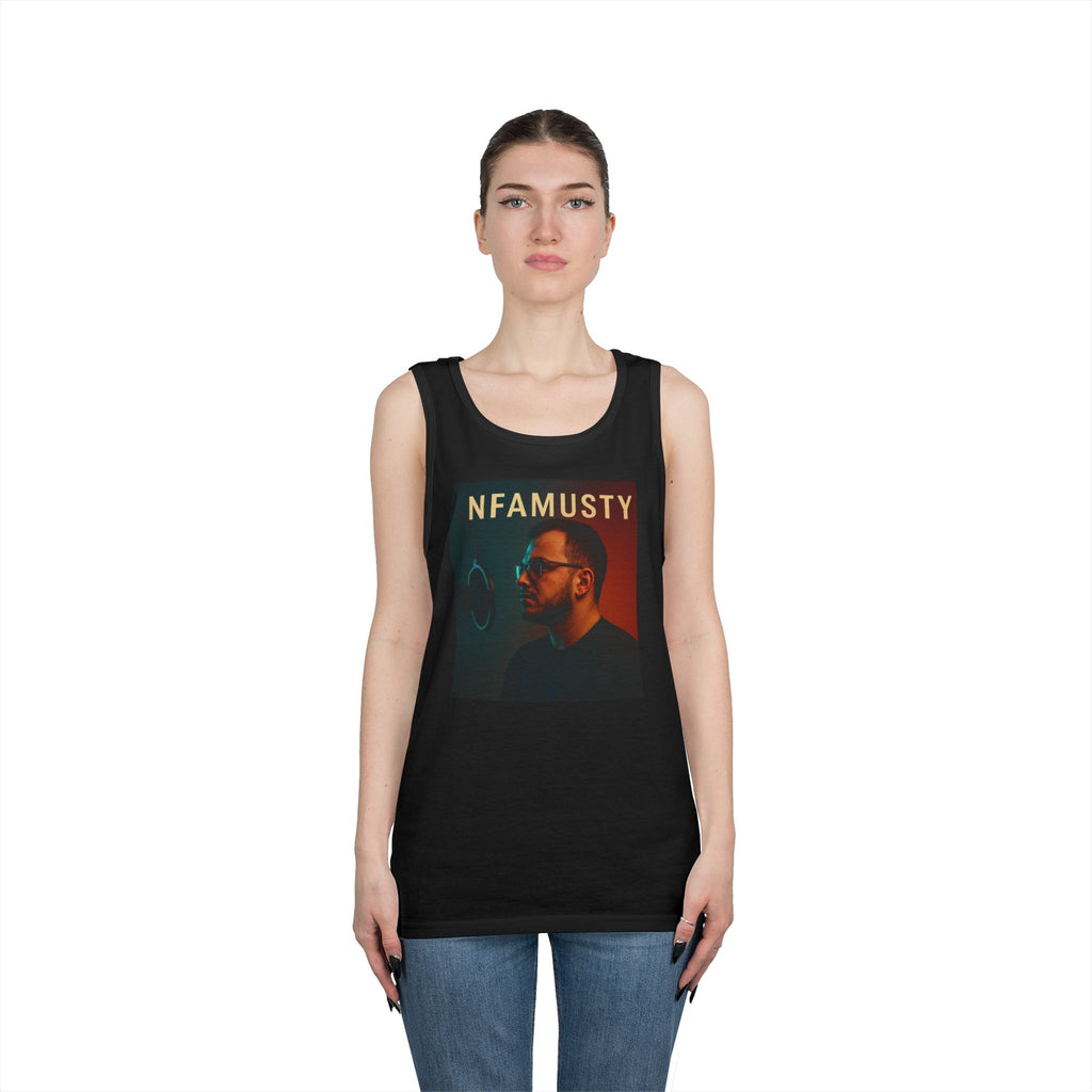 NFAMUSTY Music Tank Top — Retro Rap Artist Portrait & Cosmic Logo Graphic