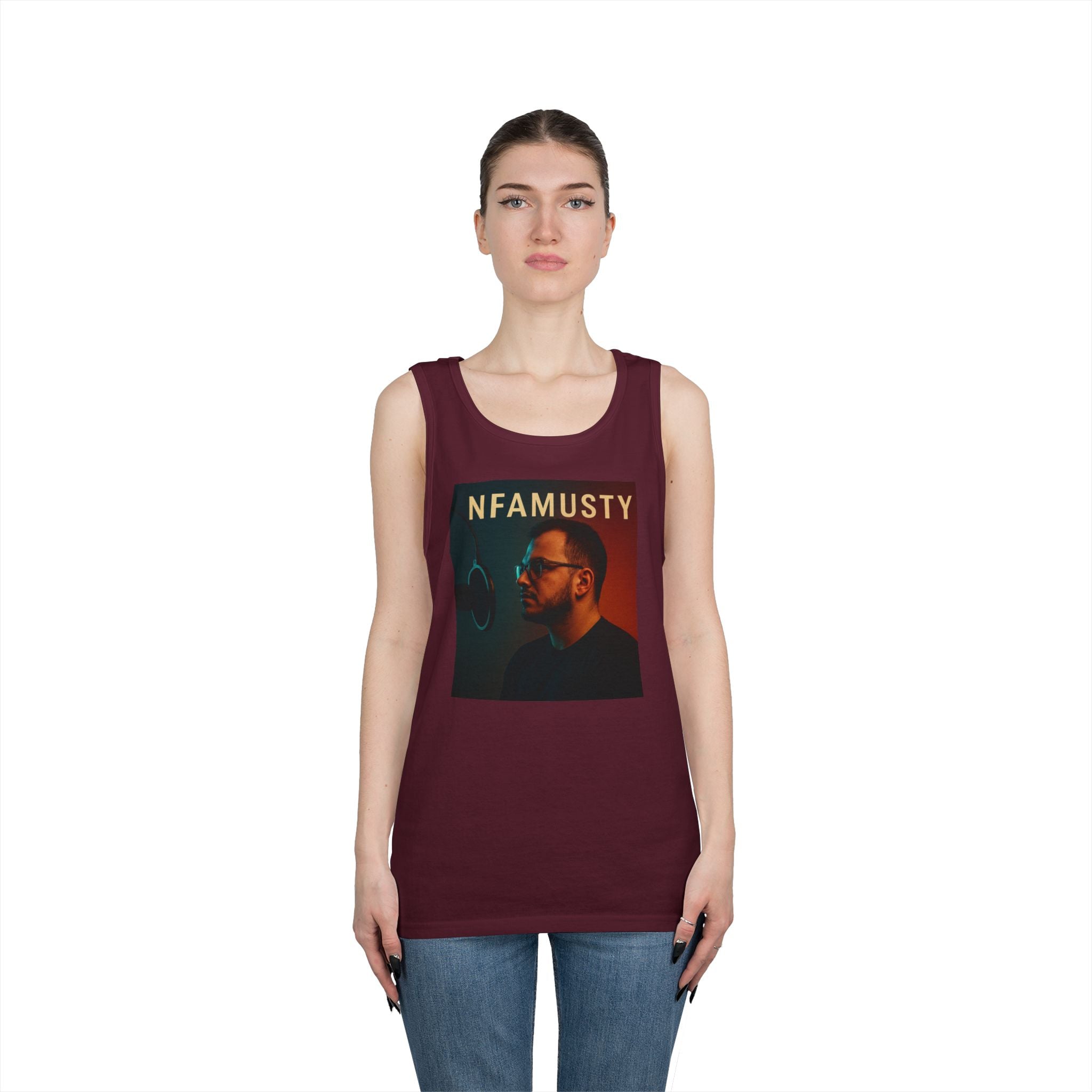 NFAMUSTY Music Tank Top — Retro Rap Artist Portrait & Cosmic Logo Graphic