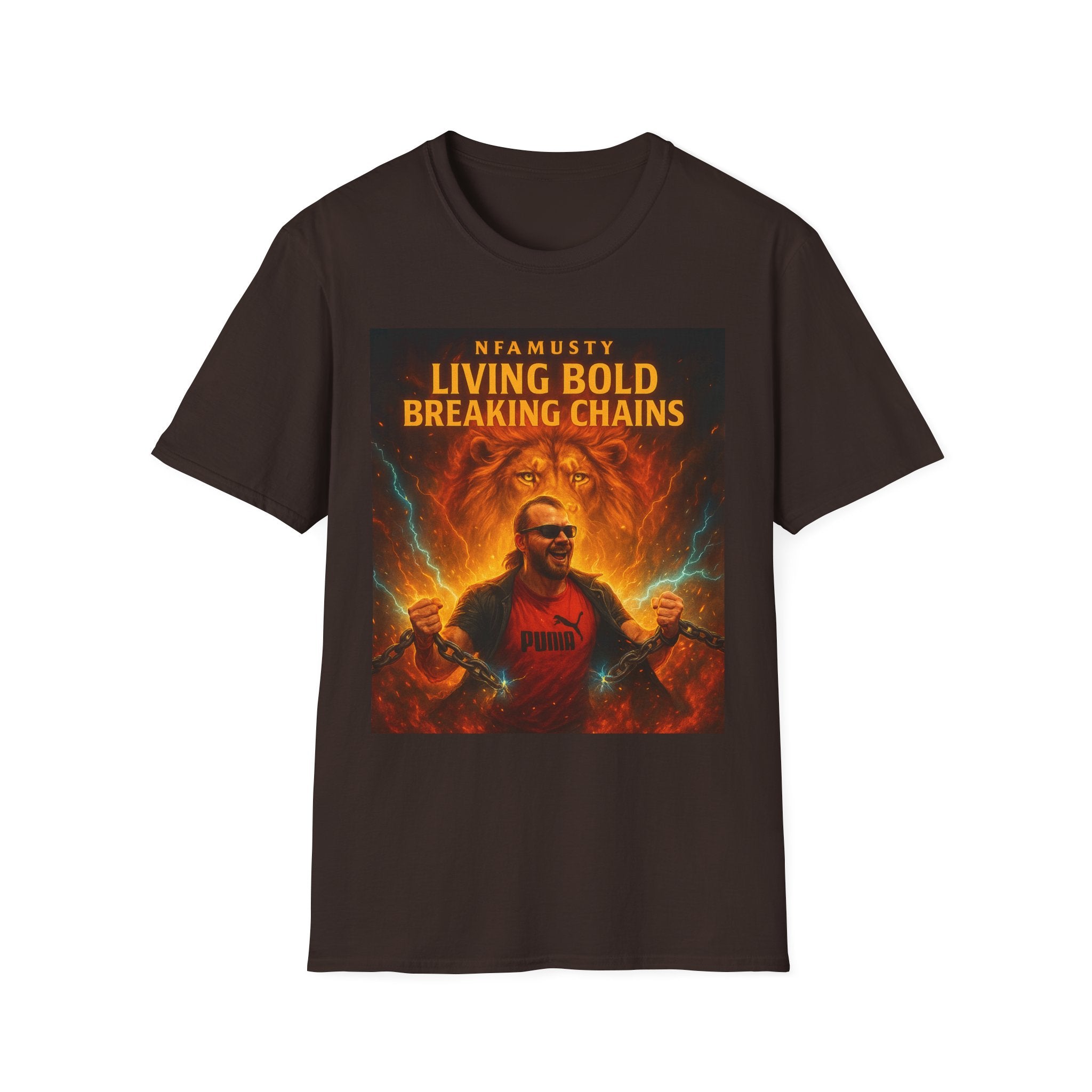 Music Promo T-Shirt — "Living Bold, Breaking Chains" Lion Design